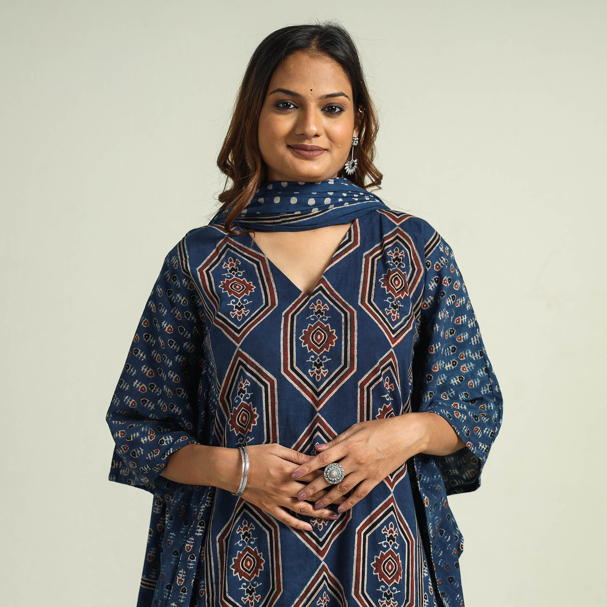 - Ajrakh Block Printed Cotton Kaftan with Palazzo &amp; Dupatta Set