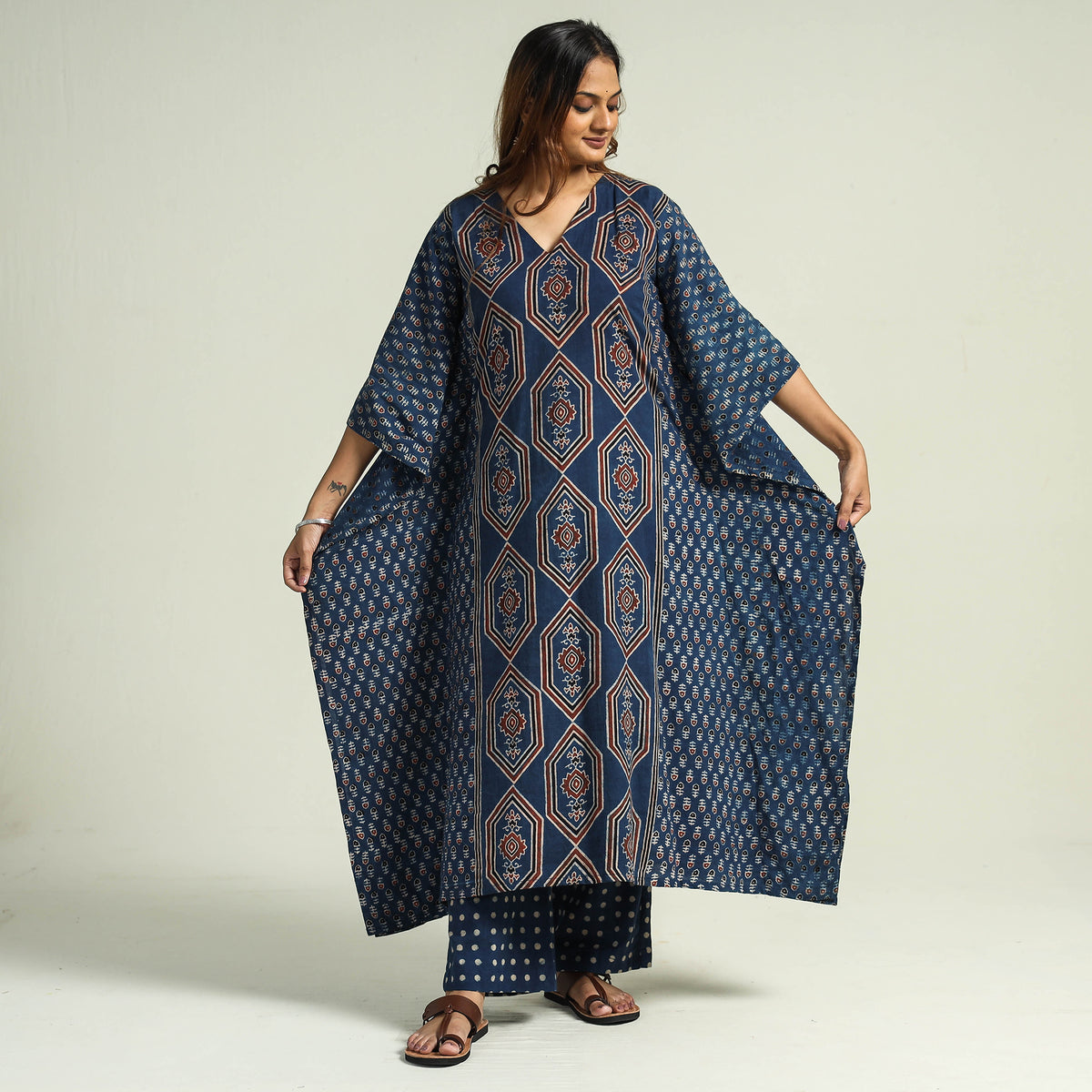 - Ajrakh Block Printed Cotton Kaftan with Palazzo &amp; Dupatta Set