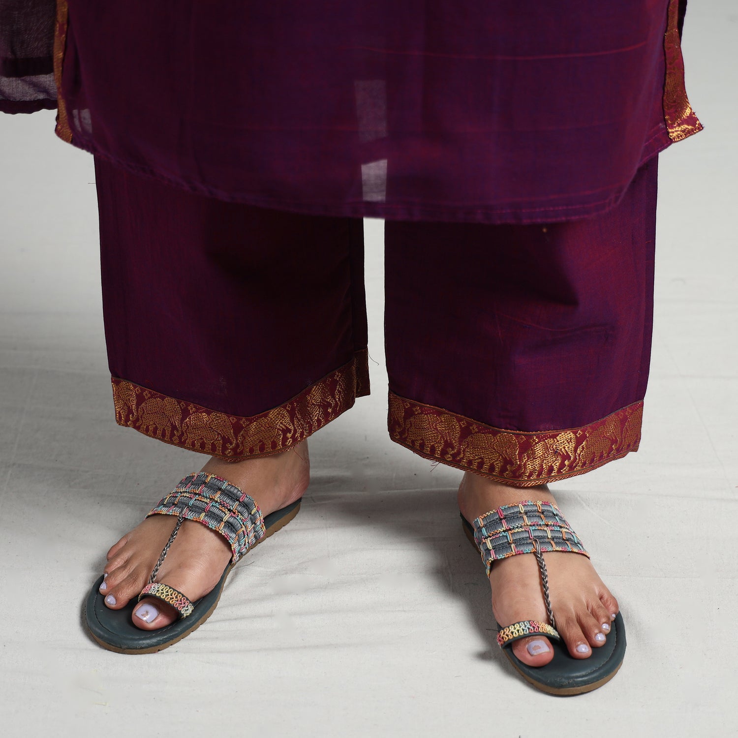 Dark Purple - Dharwad Cotton Kurta with Palazzo & Dupatta Set