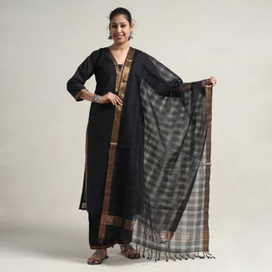 Black - Mangalagiri Handloom Cotton Kurta with Palazzo & Dupatta Set
