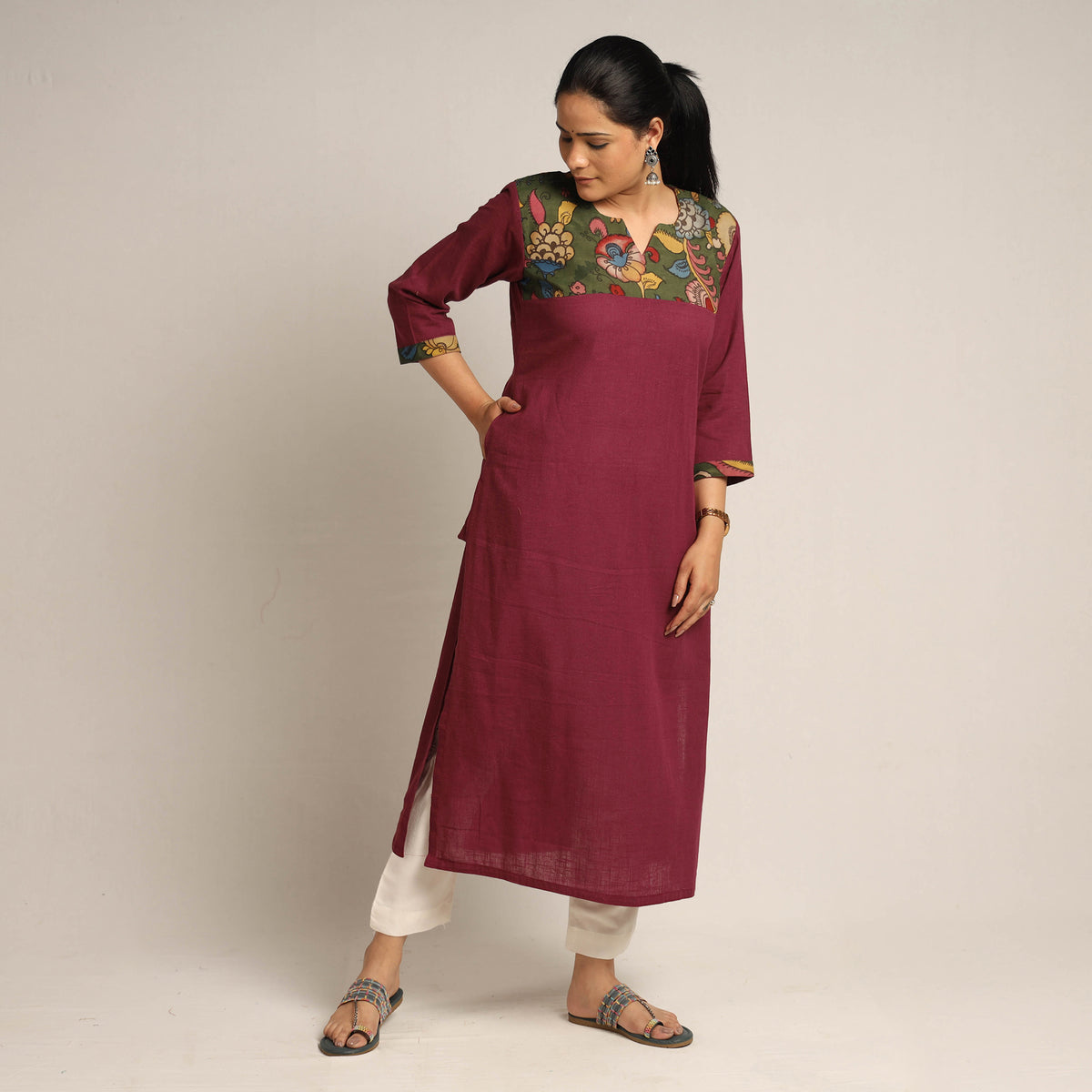 Dark Purple Srikalahasti Kalamkari Patchwork Plain Cotton Long Kurti