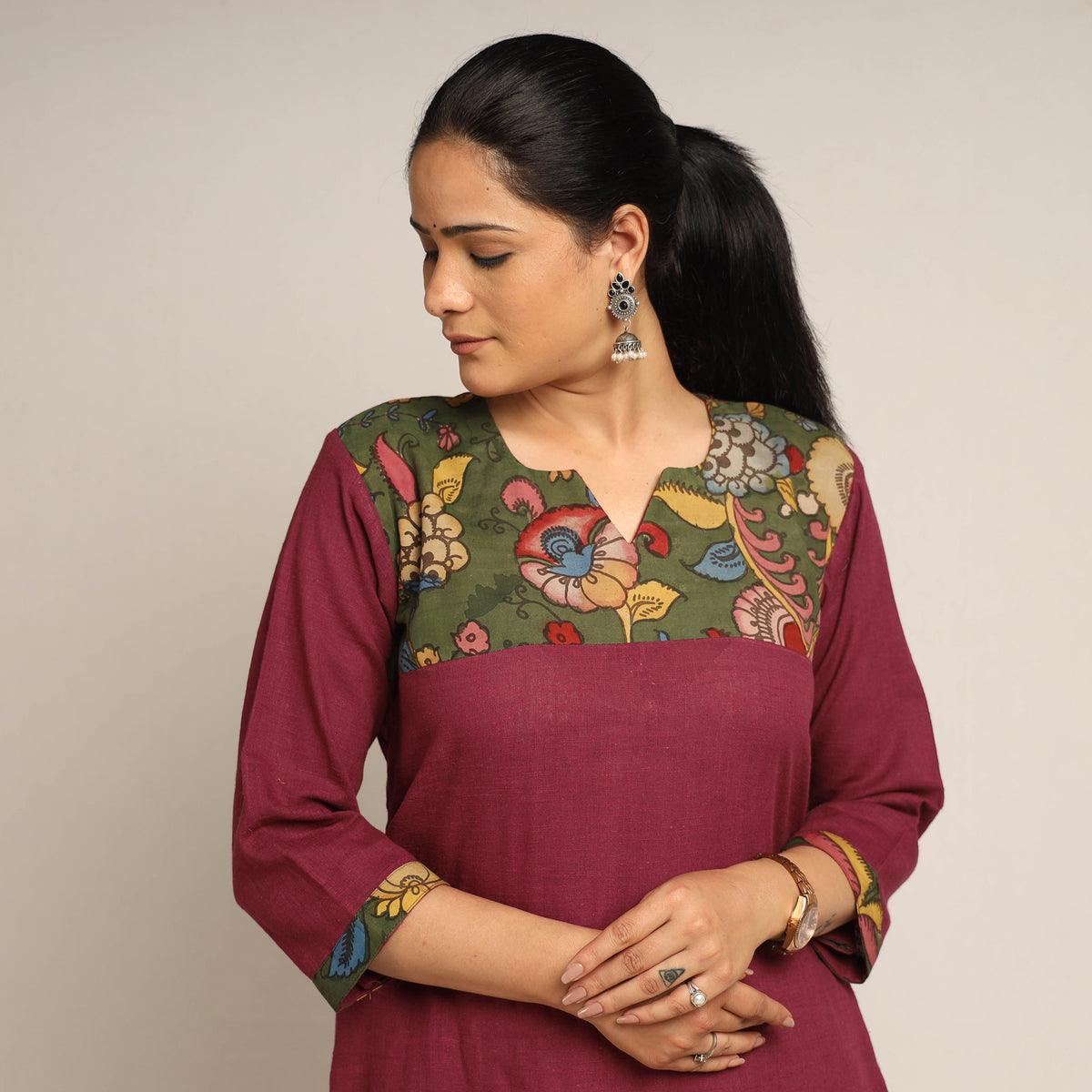 Dark Purple Srikalahasti Kalamkari Patchwork Plain Cotton Long Kurti