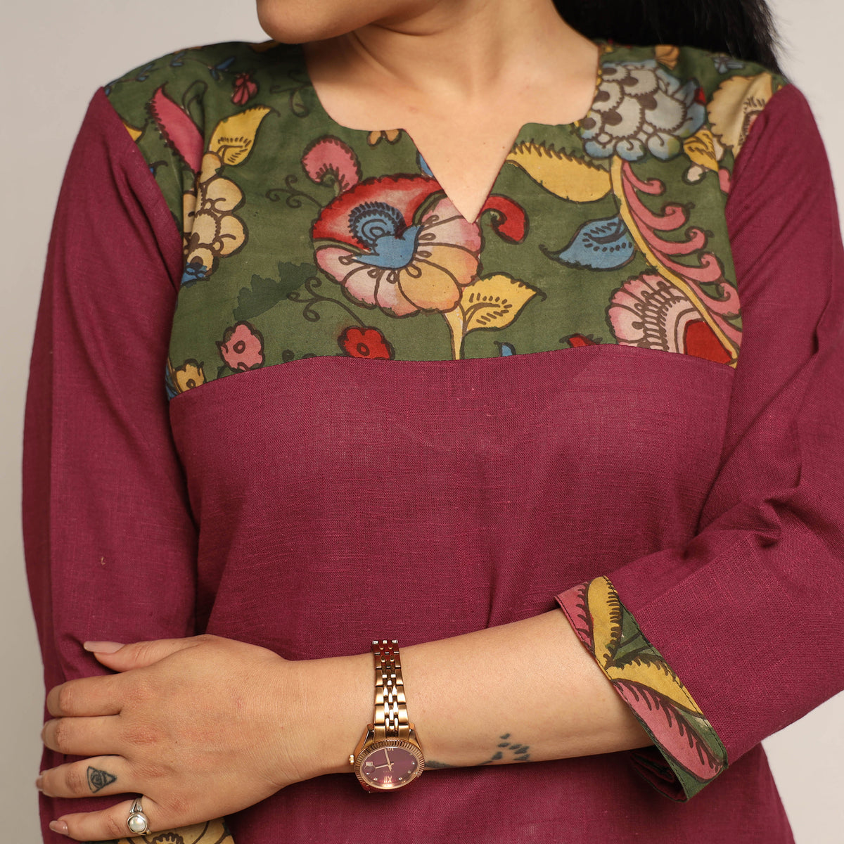 Dark Purple Srikalahasti Kalamkari Patchwork Plain Cotton Long Kurti