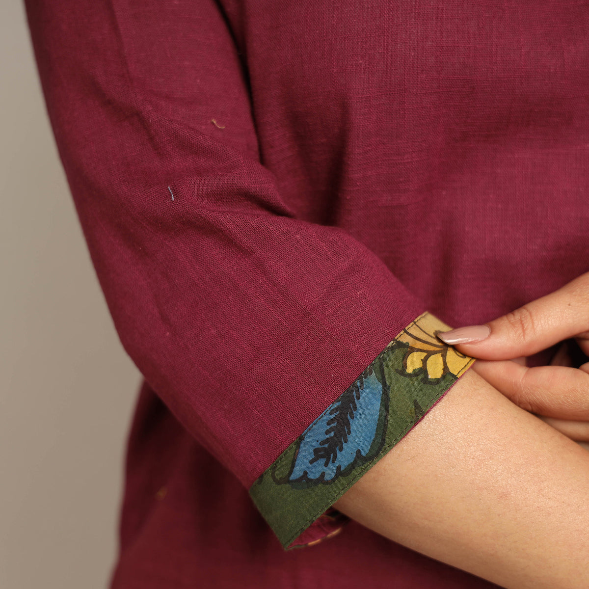Dark Purple Srikalahasti Kalamkari Patchwork Plain Cotton Long Kurti