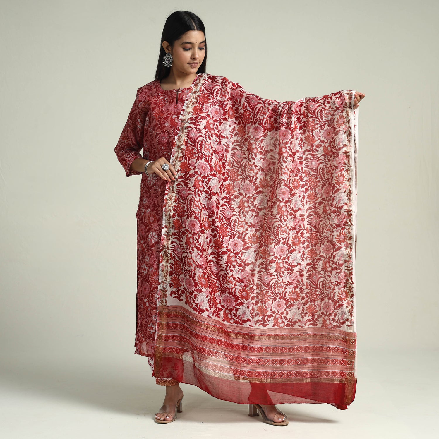 Sanganeri Block Printed Maheshwari Silk Stitched Kurti with Palazzo & Dupatta Set