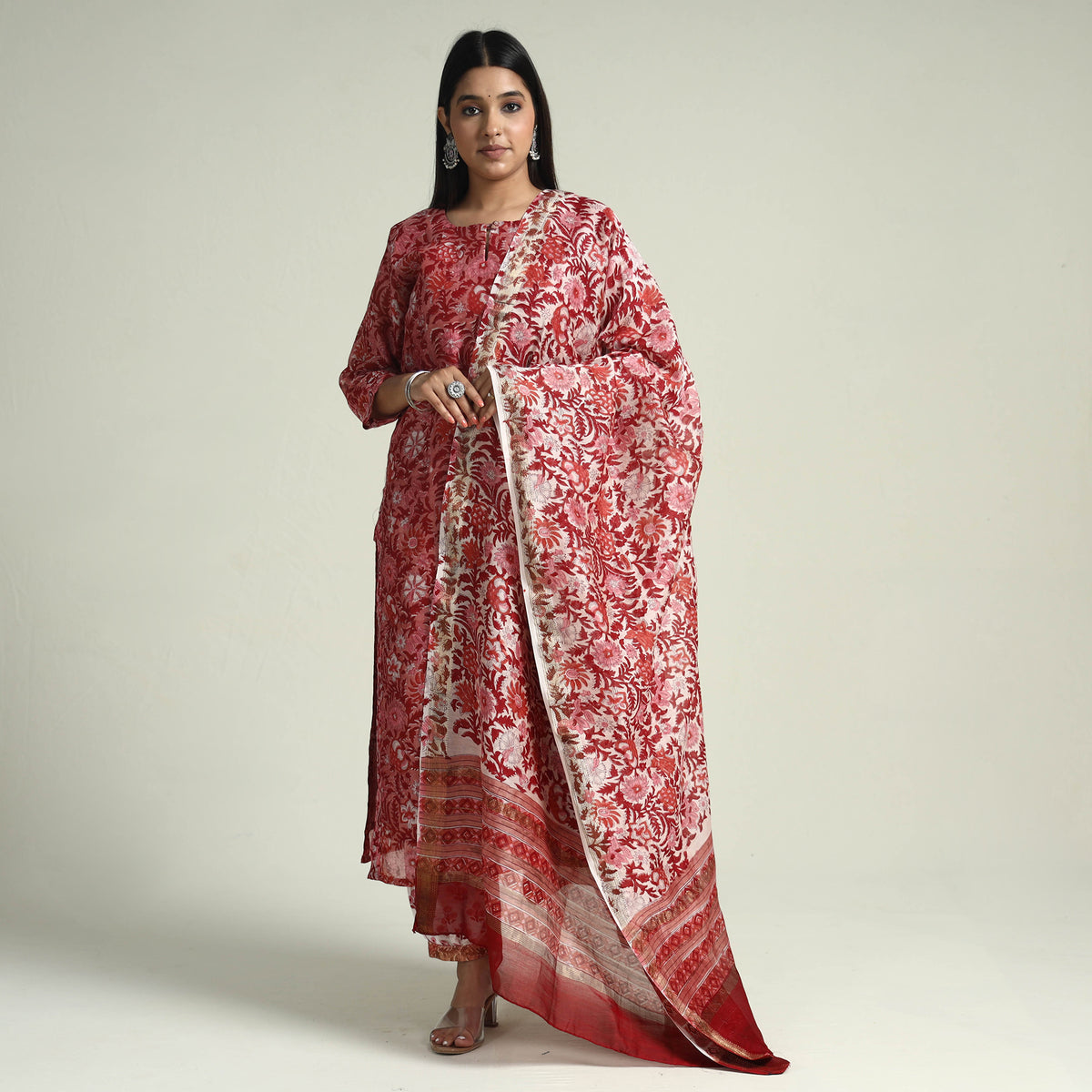 Sanganeri Block Printed Maheshwari Silk Stitched Kurti with Palazzo &amp; Dupatta Set
