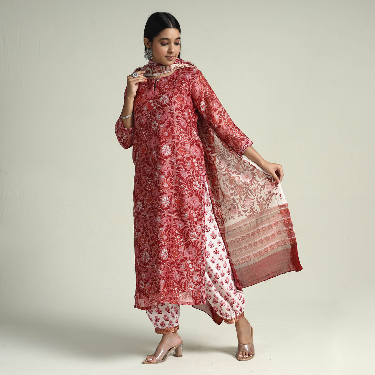 Sanganeri Block Printed Maheshwari Silk Stitched Kurti with Palazzo &amp; Dupatta Set