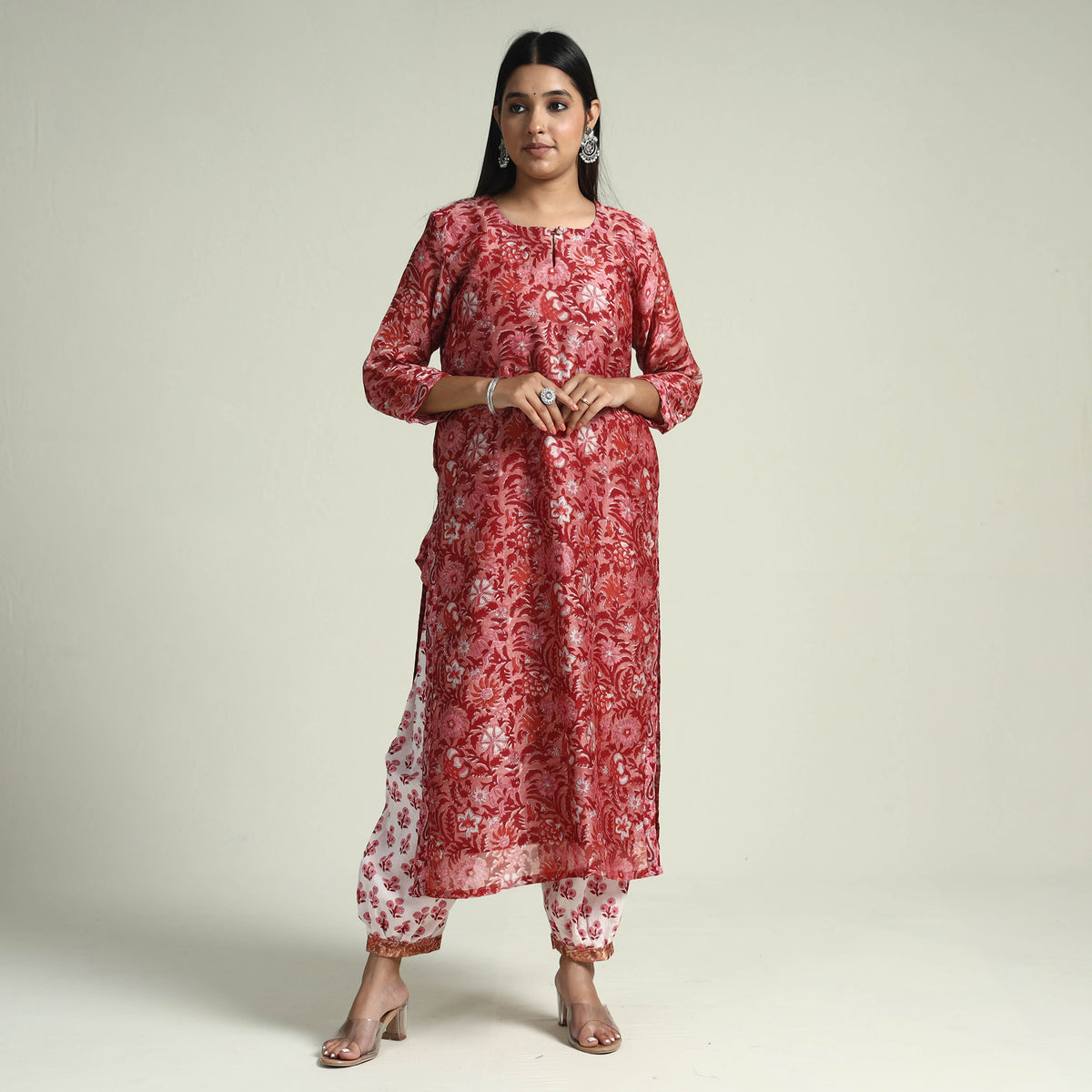Sanganeri Block Printed Maheshwari Silk Stitched Kurti with Palazzo &amp; Dupatta Set