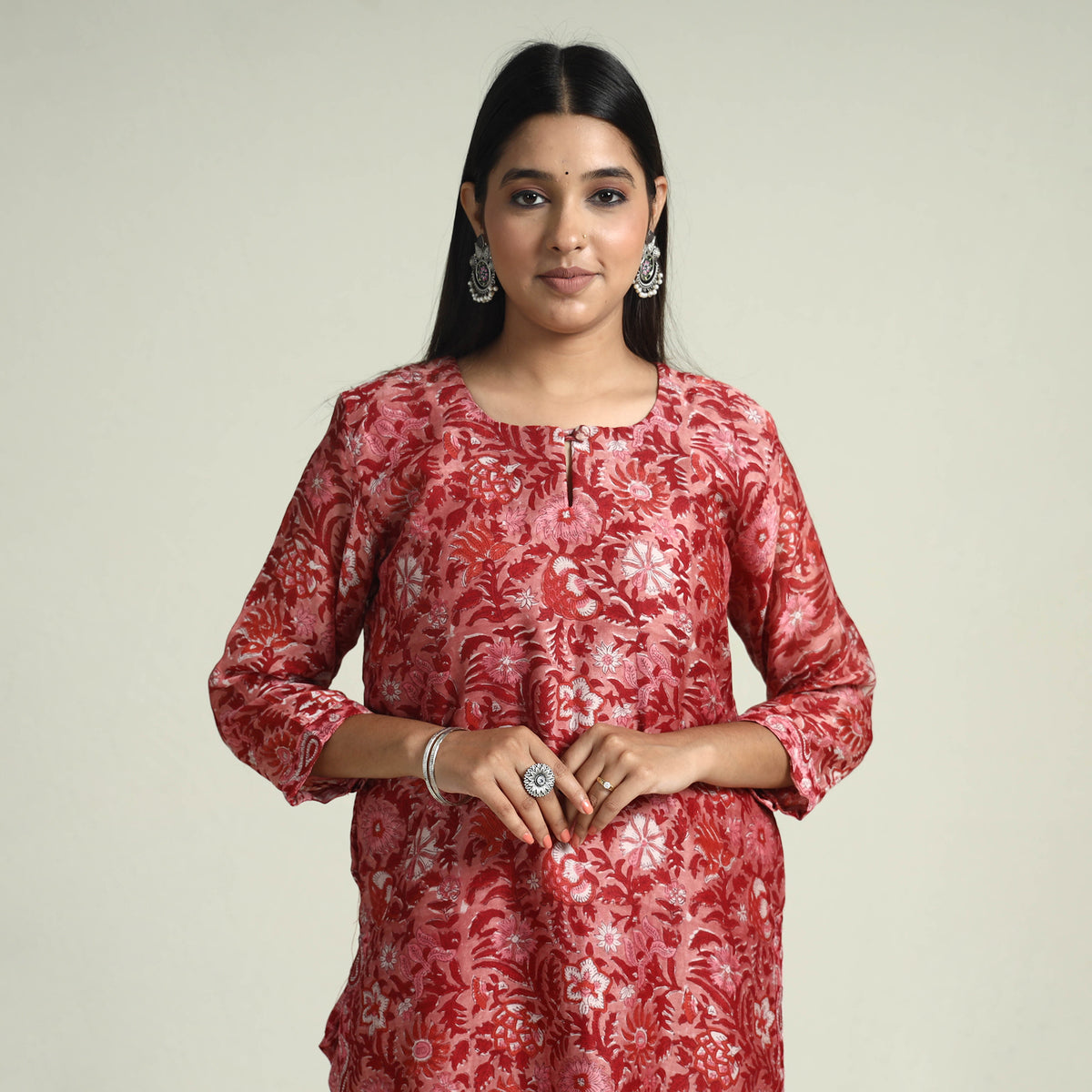 Sanganeri Block Printed Maheshwari Silk Stitched Kurti with Palazzo &amp; Dupatta Set