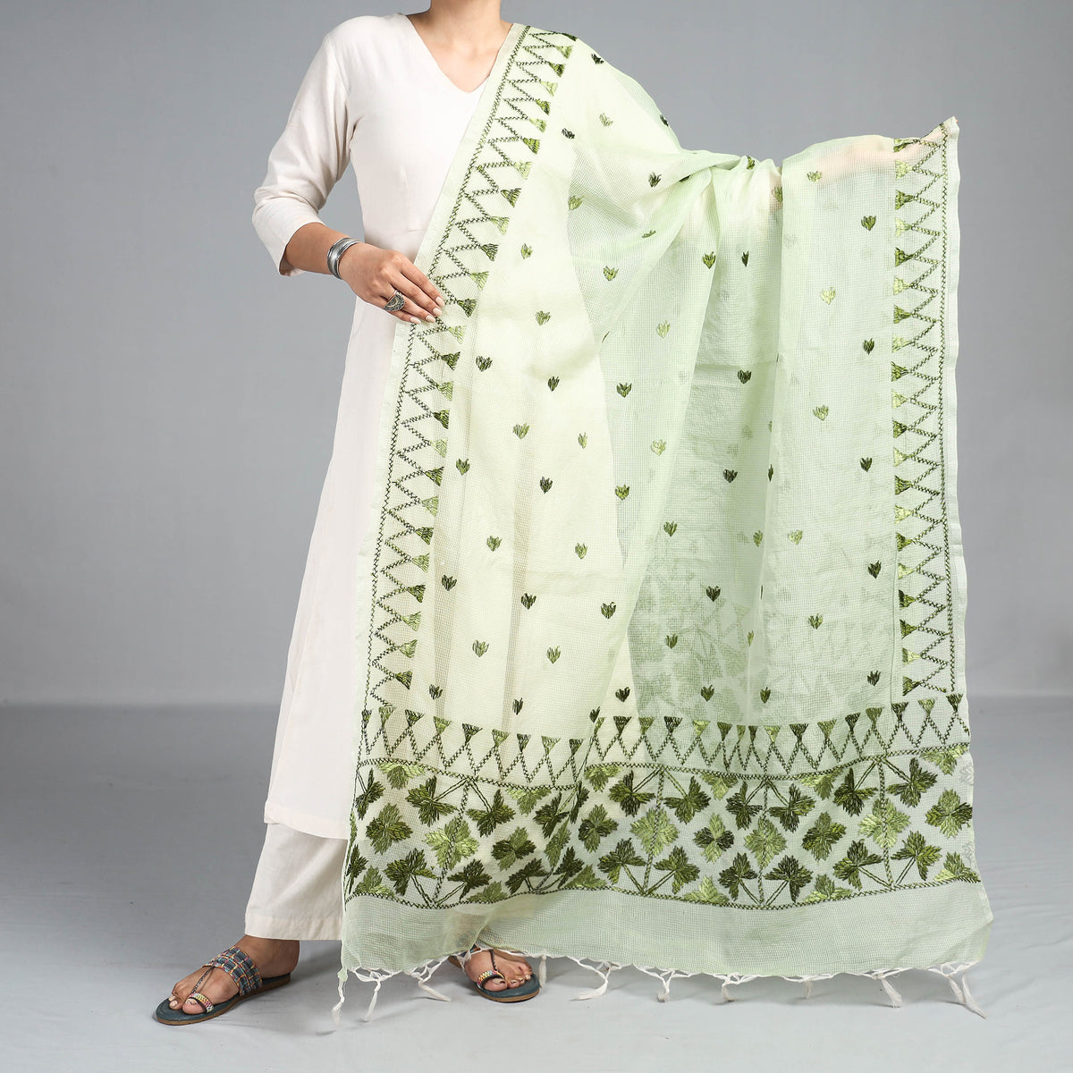 Phulkari Embroidery Kota Doria Silk Dupatta with Tassels