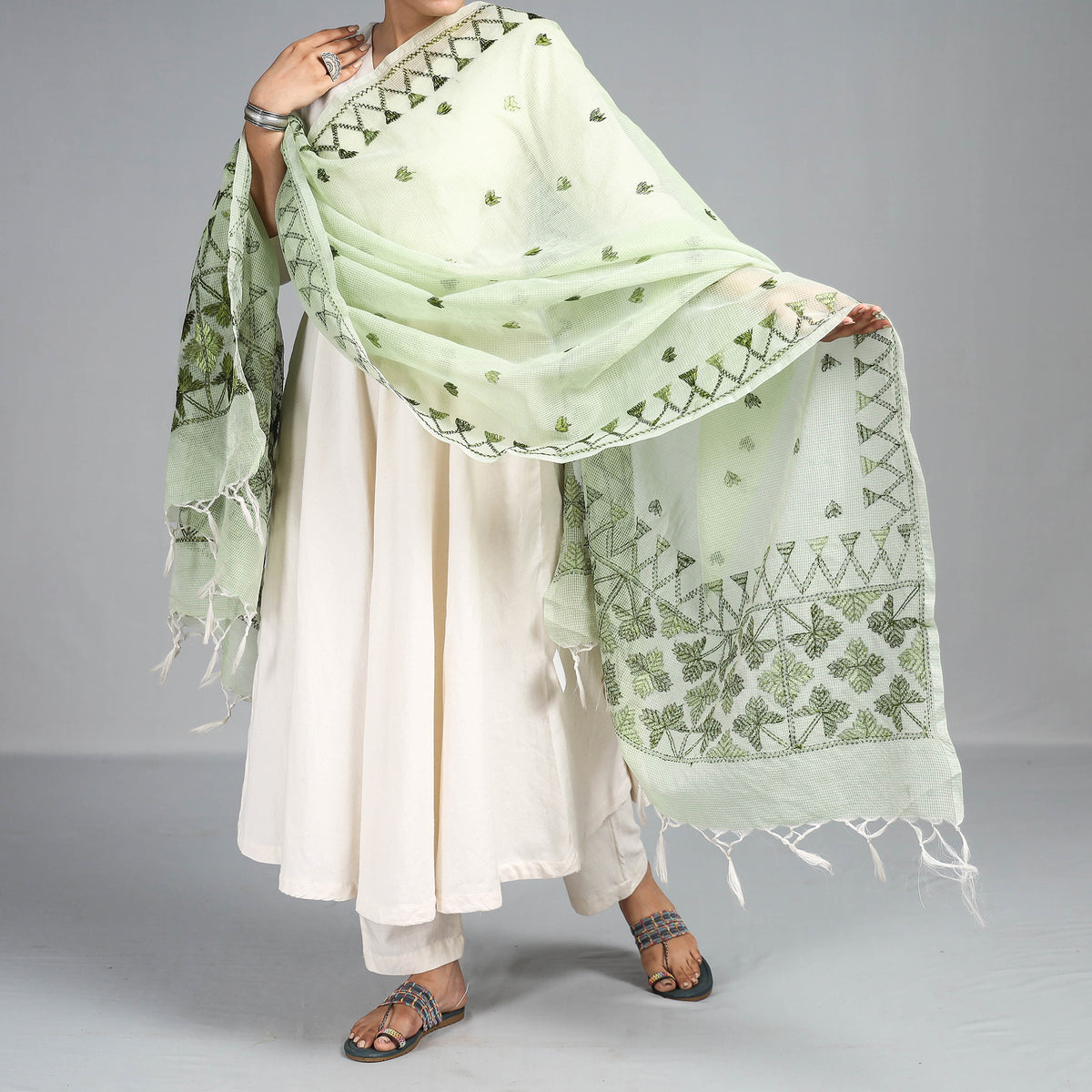 Phulkari Embroidery Kota Doria Silk Dupatta with Tassels
