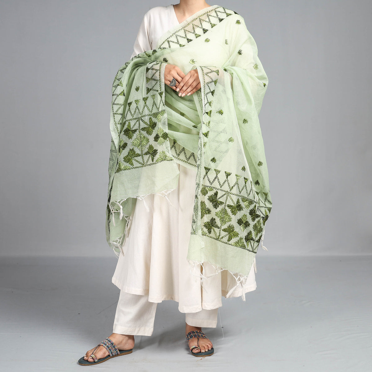 Phulkari Embroidery Kota Doria Silk Dupatta with Tassels