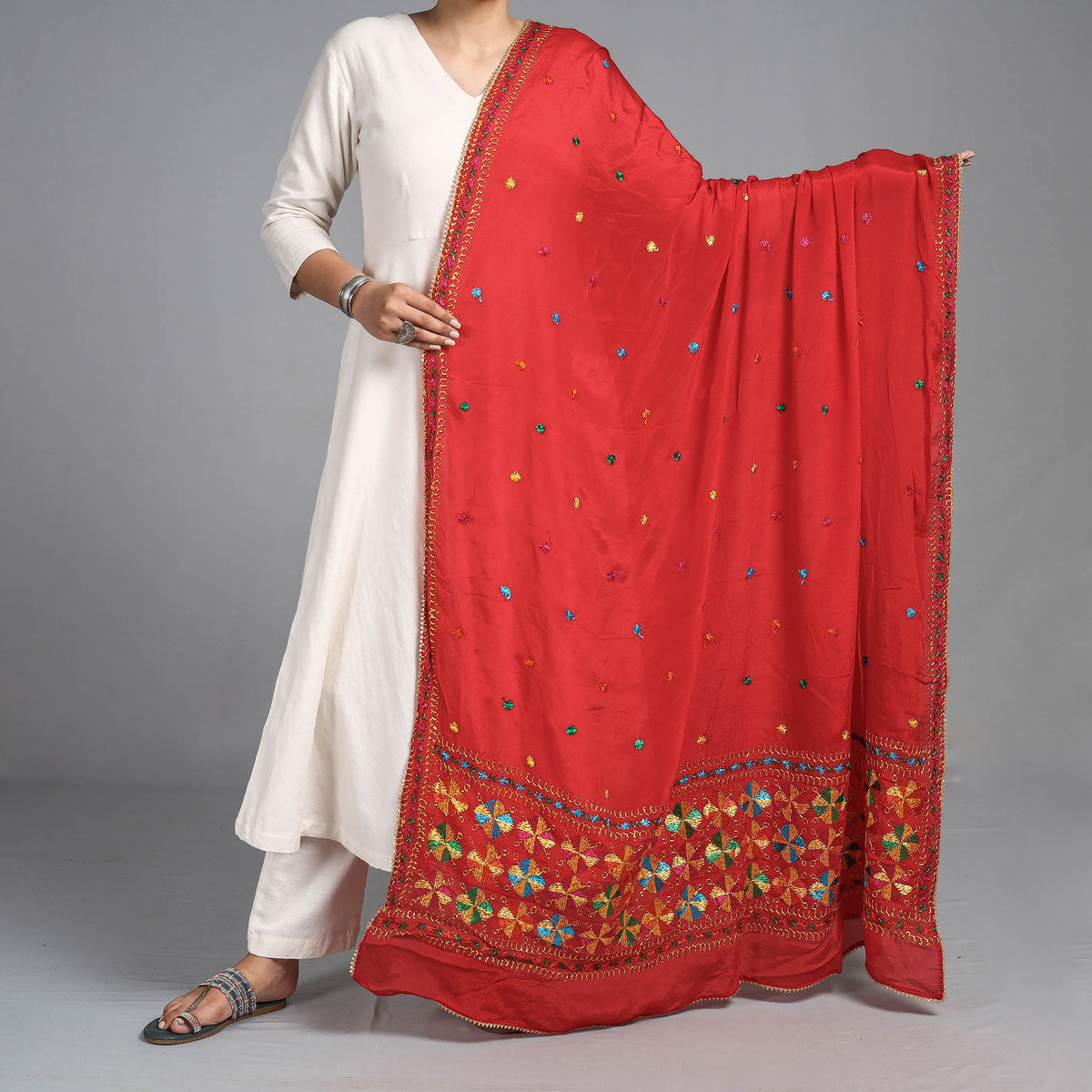Traditional Phulkari Hand Embroidered Semi Silk Chinon Dupatta