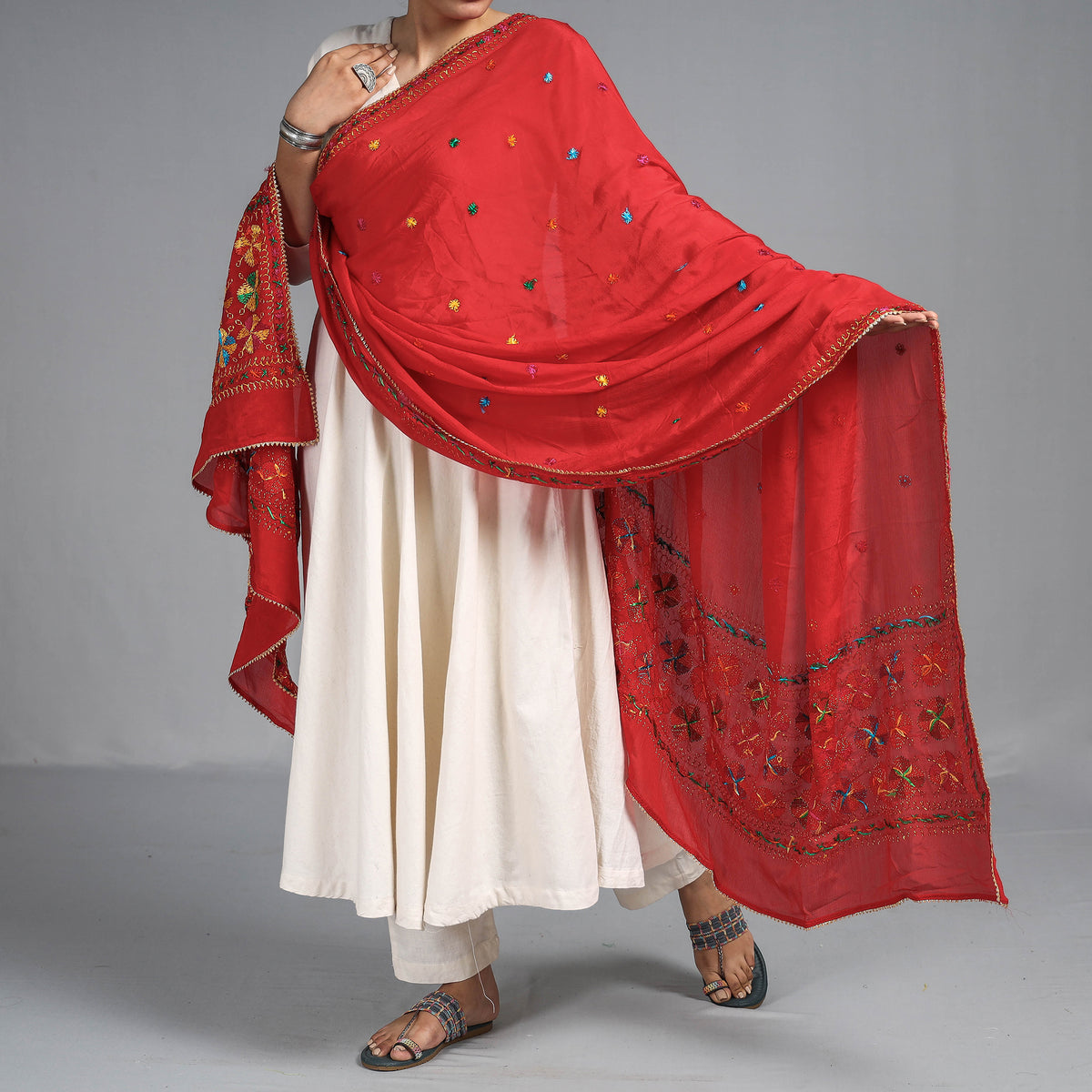Traditional Phulkari Hand Embroidered Semi Silk Chinon Dupatta