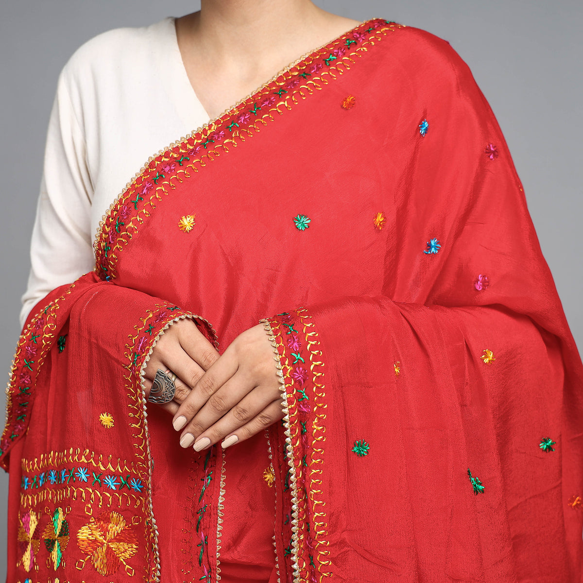 Traditional Phulkari Hand Embroidered Semi Silk Chinon Dupatta