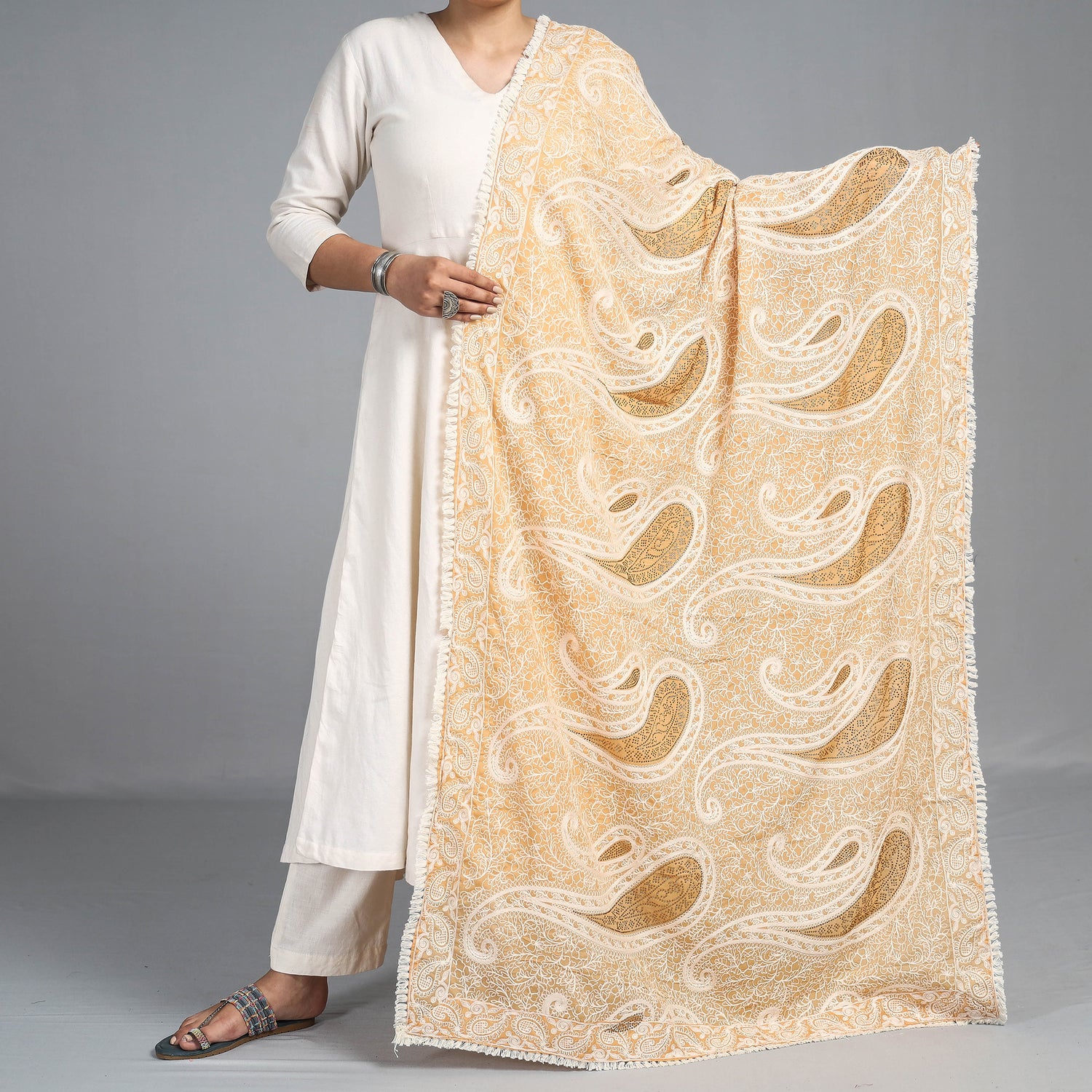 Pure Linen Dupatta Hand Embroidered Wine Red With Tassel