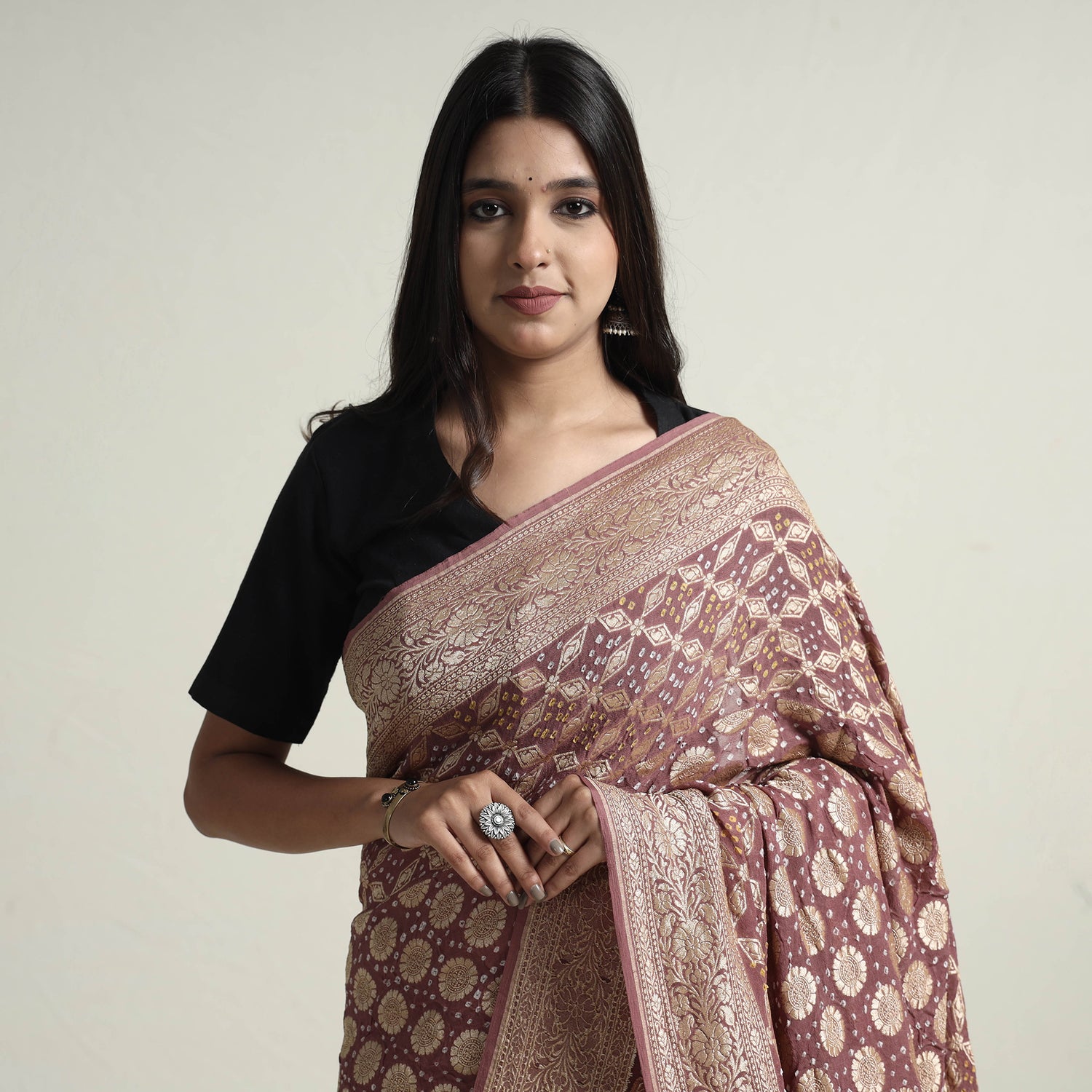 Kutch Bandhani Tie-Dye Pure Georgette Banarasi Neem Zari Jaal Saree