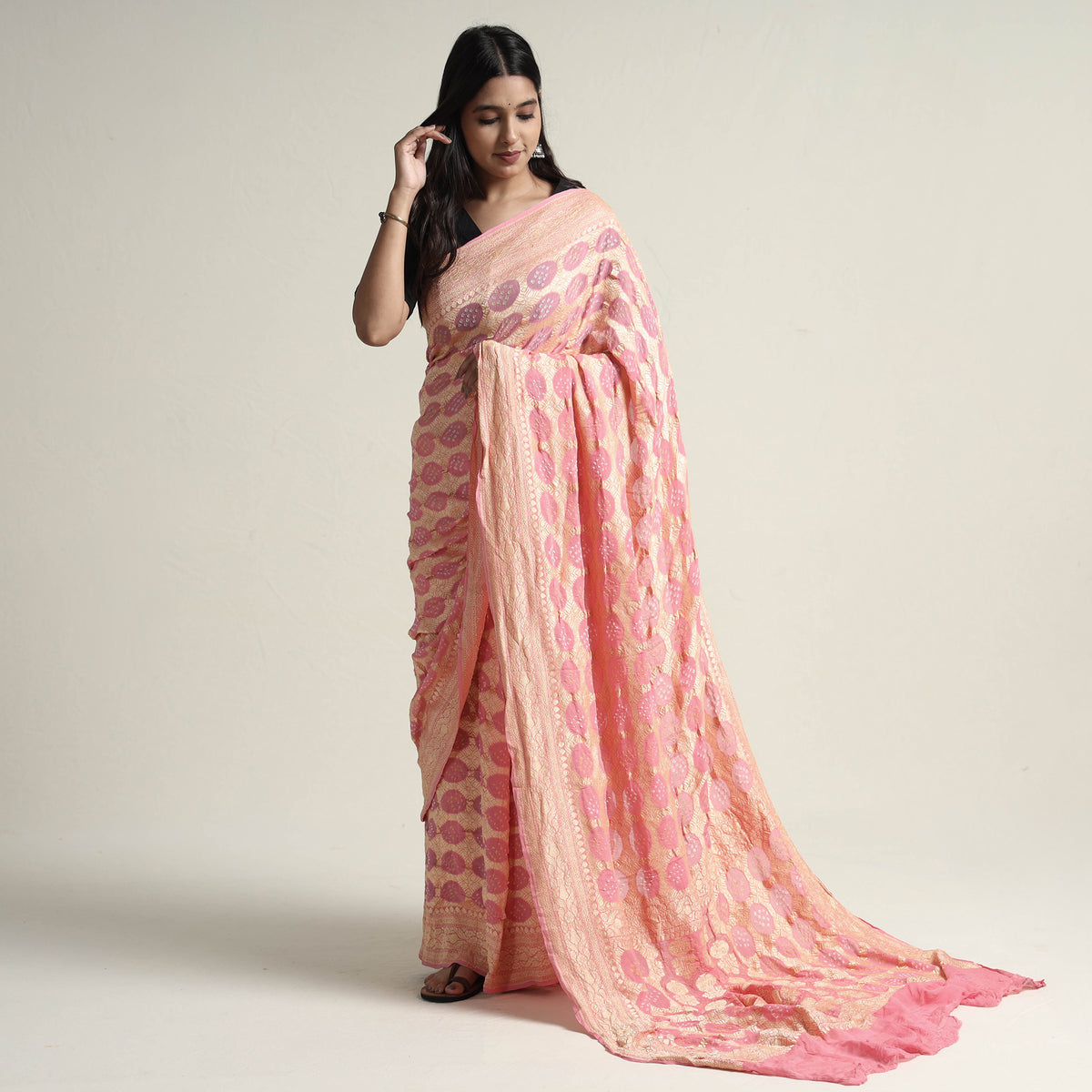Kutch Bandhani Tie-Dye Pure Georgette Banarasi Neem Zari Jaal Saree