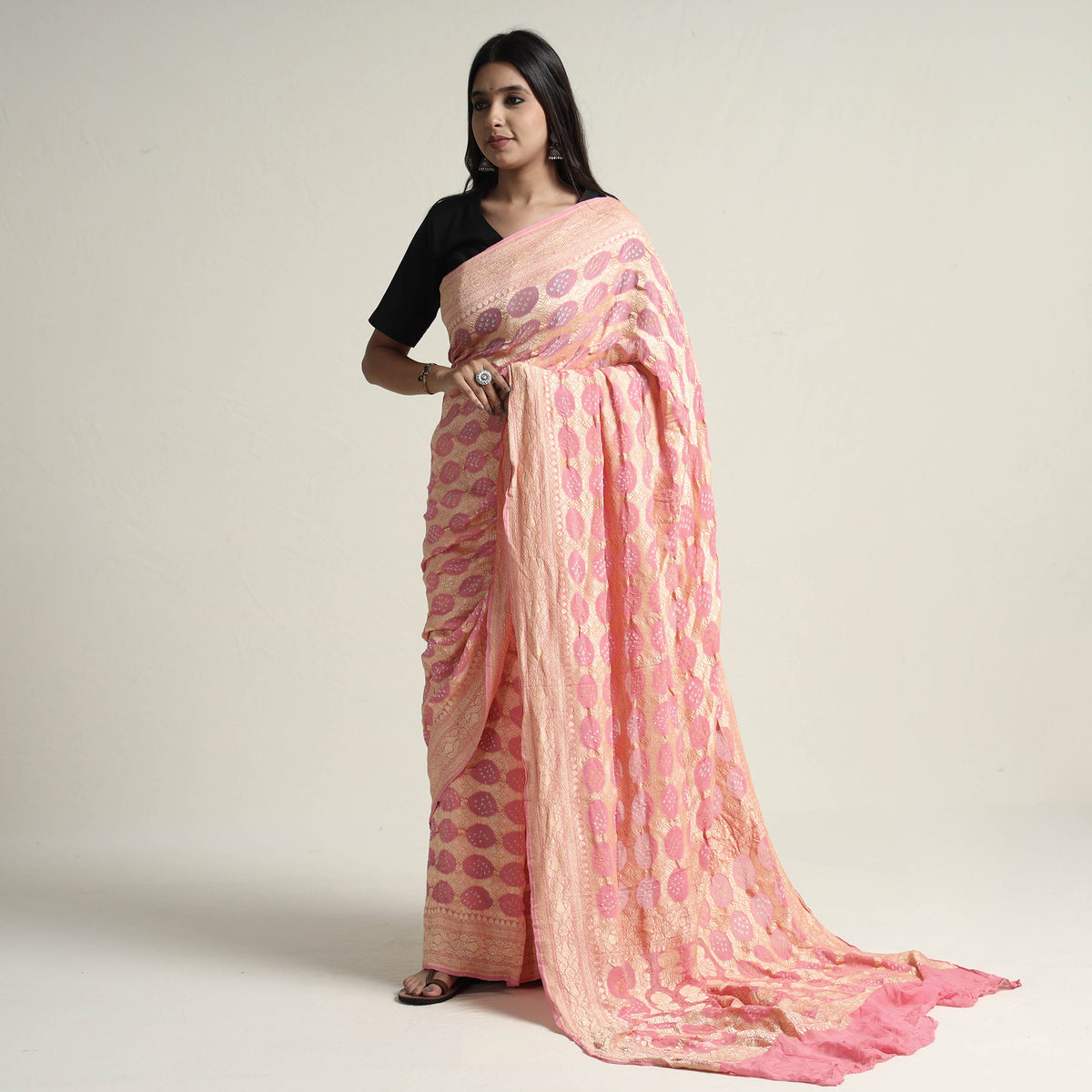Kutch Bandhani Tie-Dye Pure Georgette Banarasi Neem Zari Jaal Saree