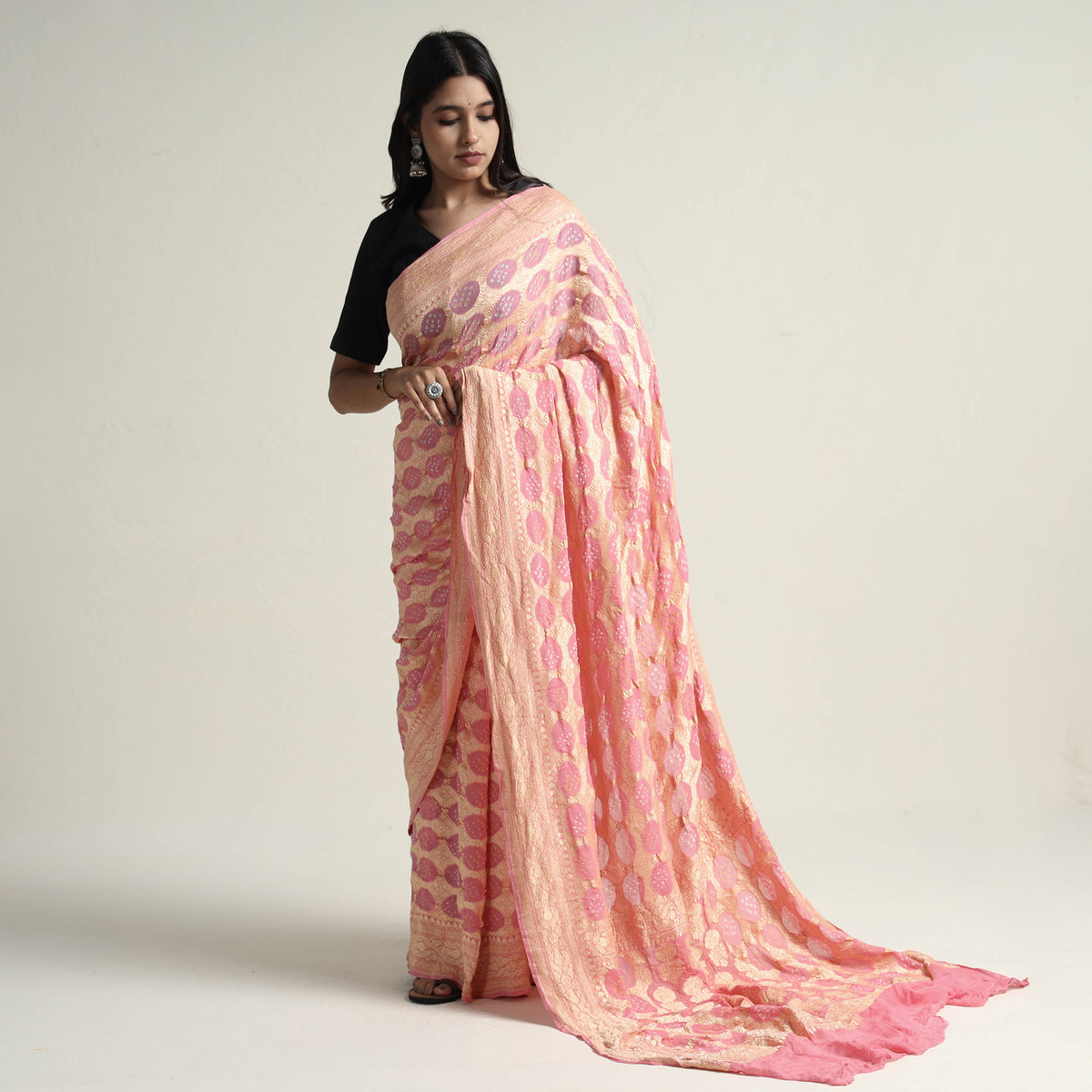 Kutch Bandhani Tie-Dye Pure Georgette Banarasi Neem Zari Jaal Saree