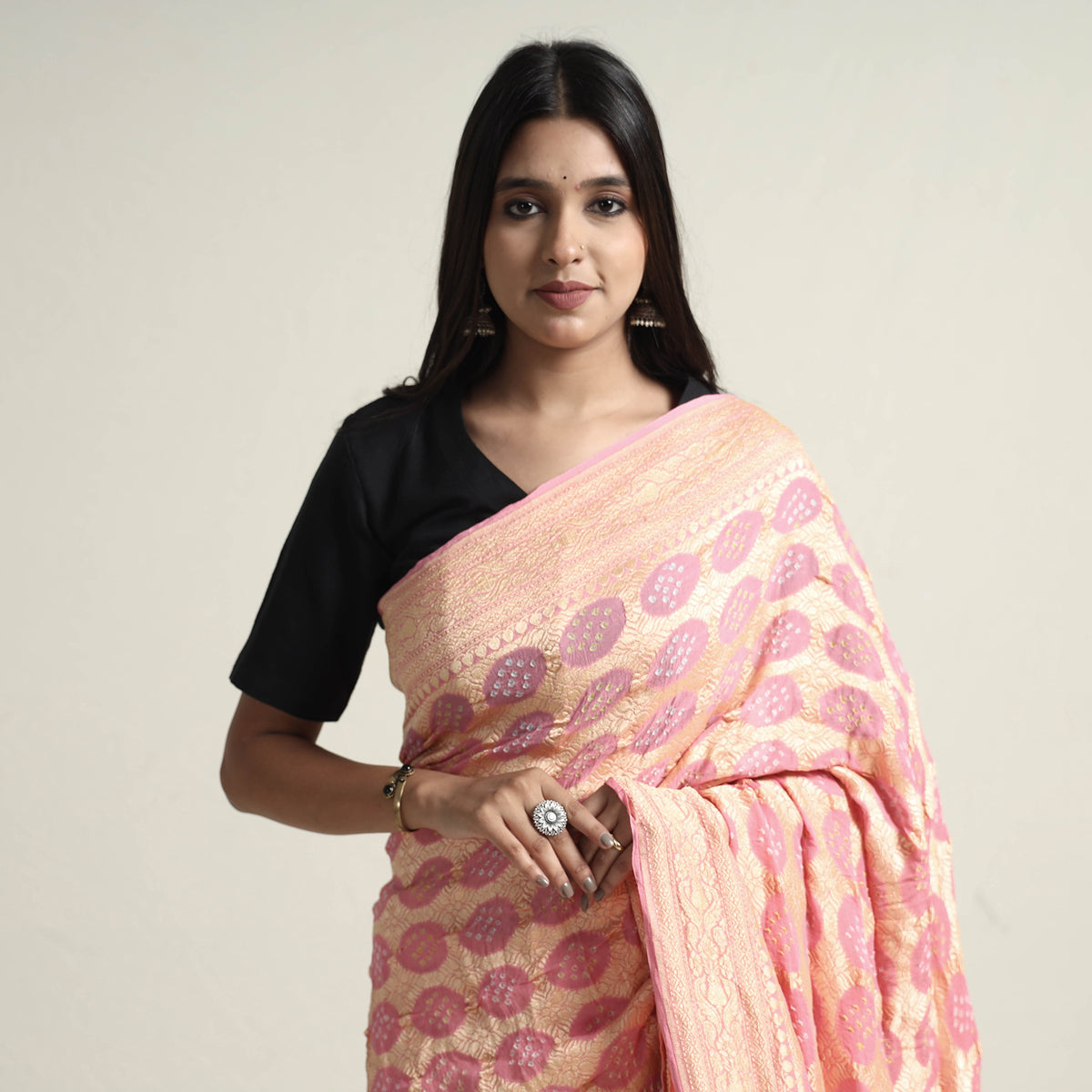Kutch Bandhani Tie-Dye Pure Georgette Banarasi Neem Zari Jaal Saree