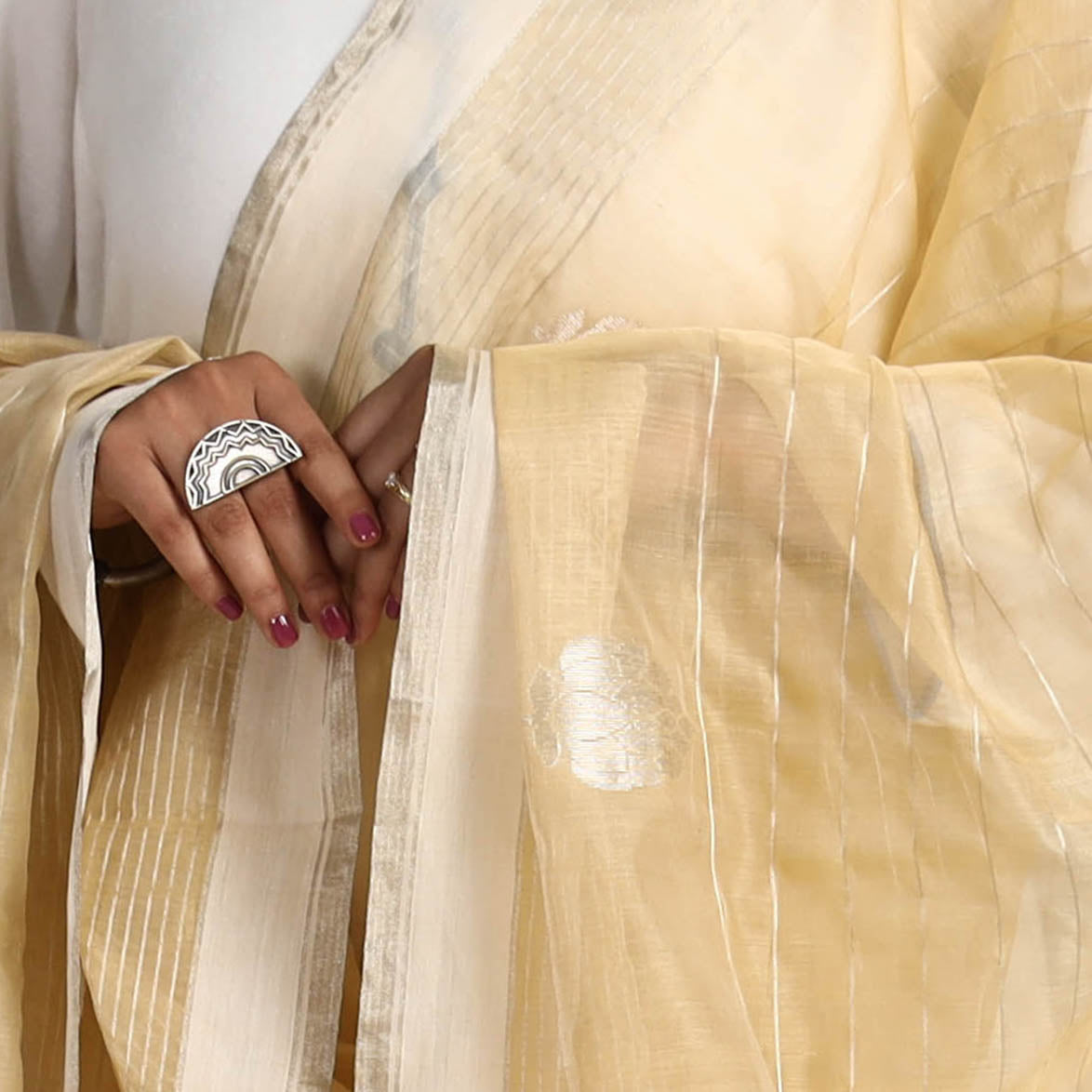Traditional Chanderi Silk Handloom Zari Stripe Buta Dupatta