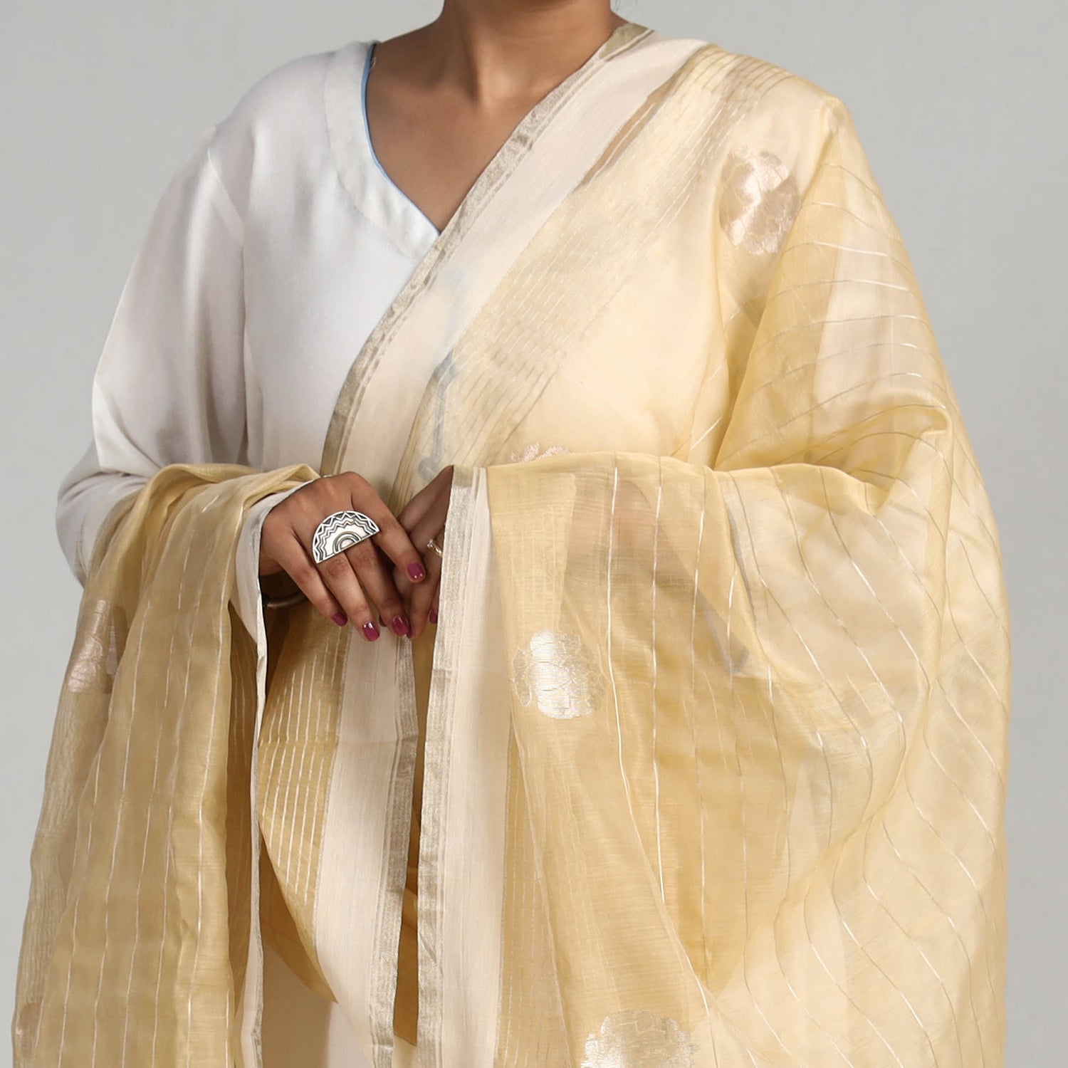 Traditional Chanderi Silk Handloom Zari Stripe Buta Dupatta
