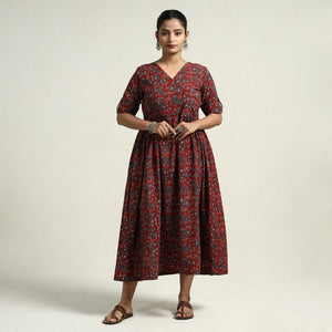 Red - Ajrakh Hand Block Printed Cotton Flared Gher Dress