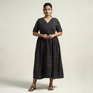 Black - Ajrakh Hand Block Printed Cotton Flared Gher Dress