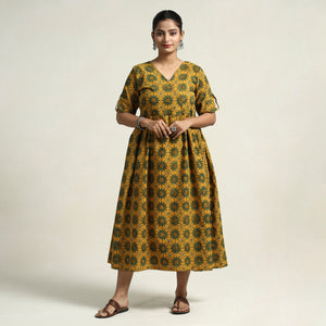 Yellow - Ajrakh Hand Block Printed Cotton Flared Gher Dress