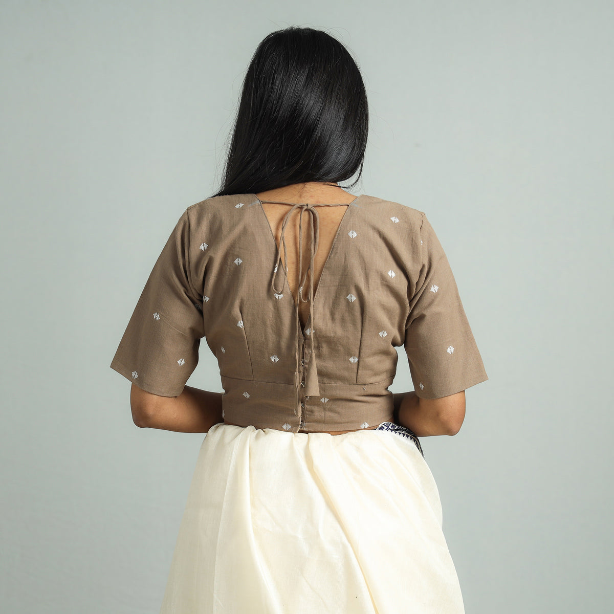 Light Brown - Jacquard Weave Cotton Stitched Blouse
