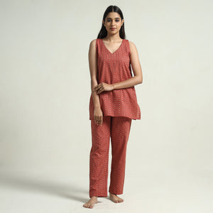Blush Red - Jacquard Cotton Top & Pyjama Night Suit Set