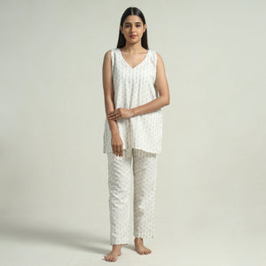 White - Jacquard Cotton Top & Pyjama Night Suit Set