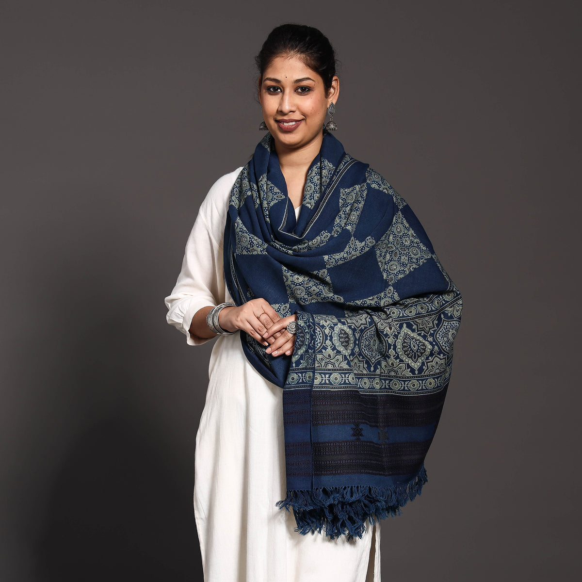 Kutch Traditional Ajrakh Block Printed Handwoven Pure Woolen Shawl