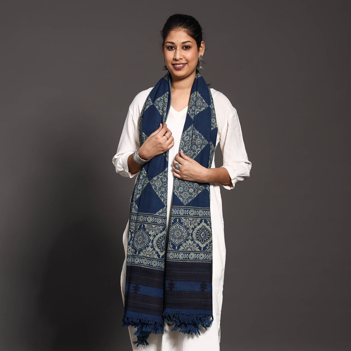 Kutch Traditional Ajrakh Block Printed Handwoven Pure Woolen Shawl