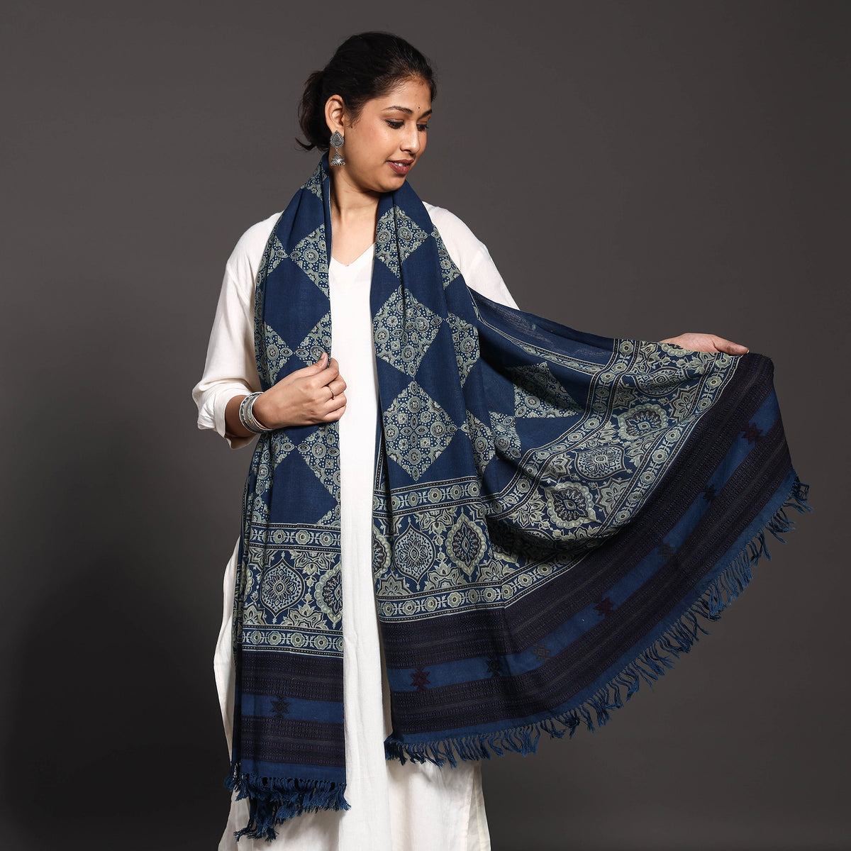 Kutch Traditional Ajrakh Block Printed Handwoven Pure Woolen Shawl