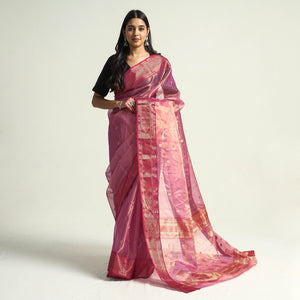 Traditional Chanderi Katan Silk Tissue Zari Weave Handloom Saree with Nakshi Border & Buta