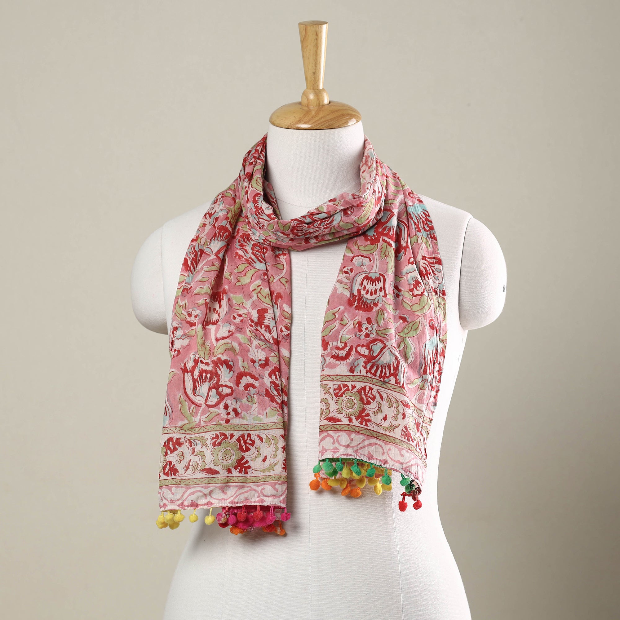 Sanganeri Block Printed Cotton Stoles With Tassels by NOORI BAZAR