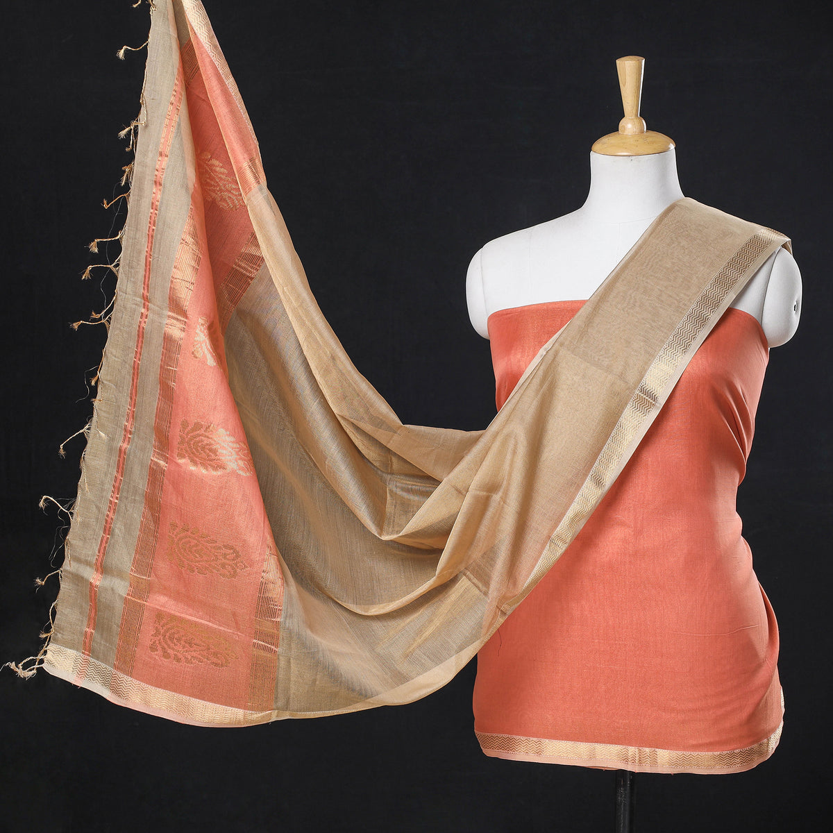 3pc Maheshwari Silk Tissue Zari Handloom Suit Material Set