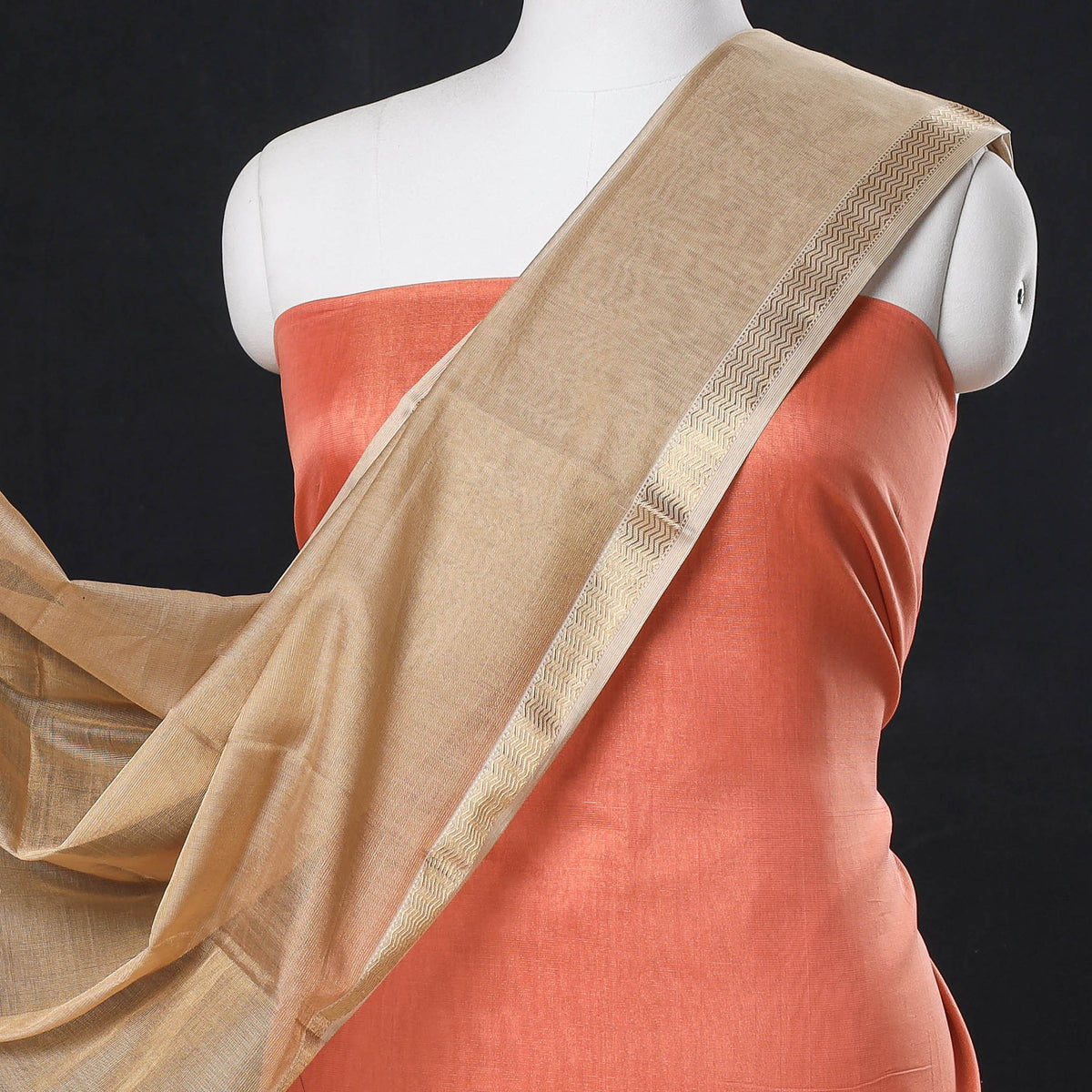3pc Maheshwari Silk Tissue Zari Handloom Suit Material Set