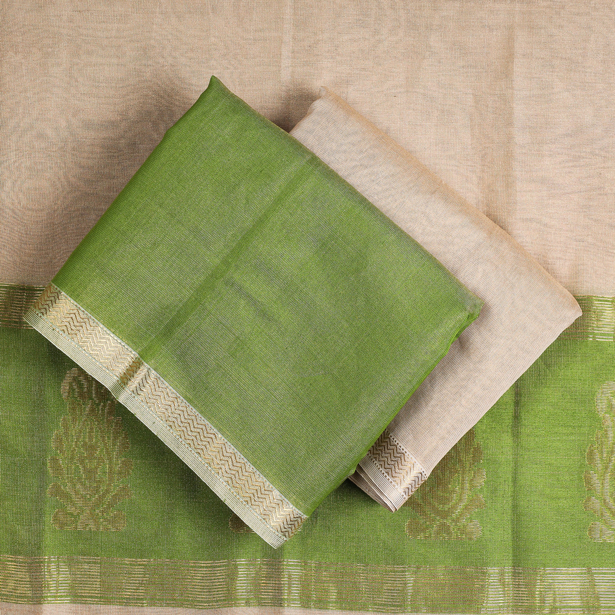 3pc Maheshwari Silk Tissue Zari Handloom Suit Material Set