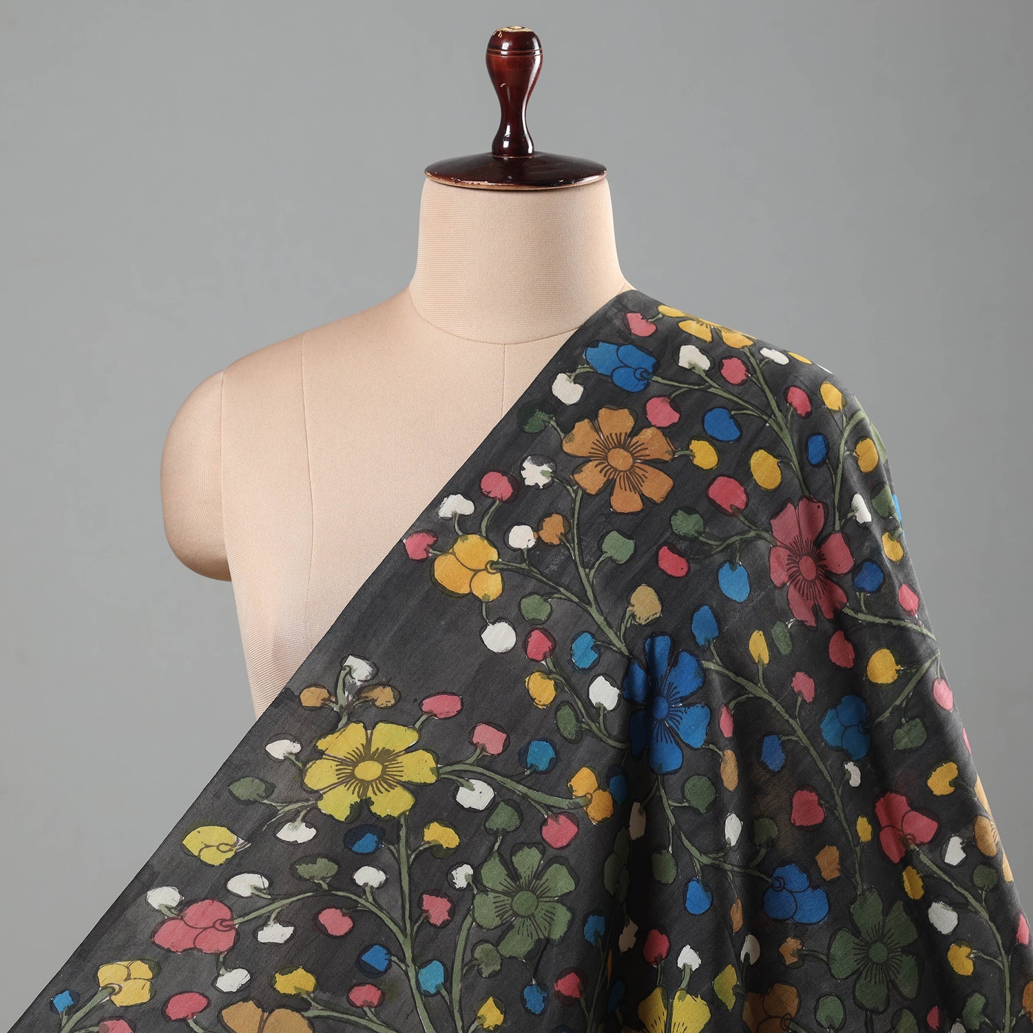 Dark Grey - Srikalahasti Kalamkari Patchwork Plain Linen Cotton Long Straight Kurta