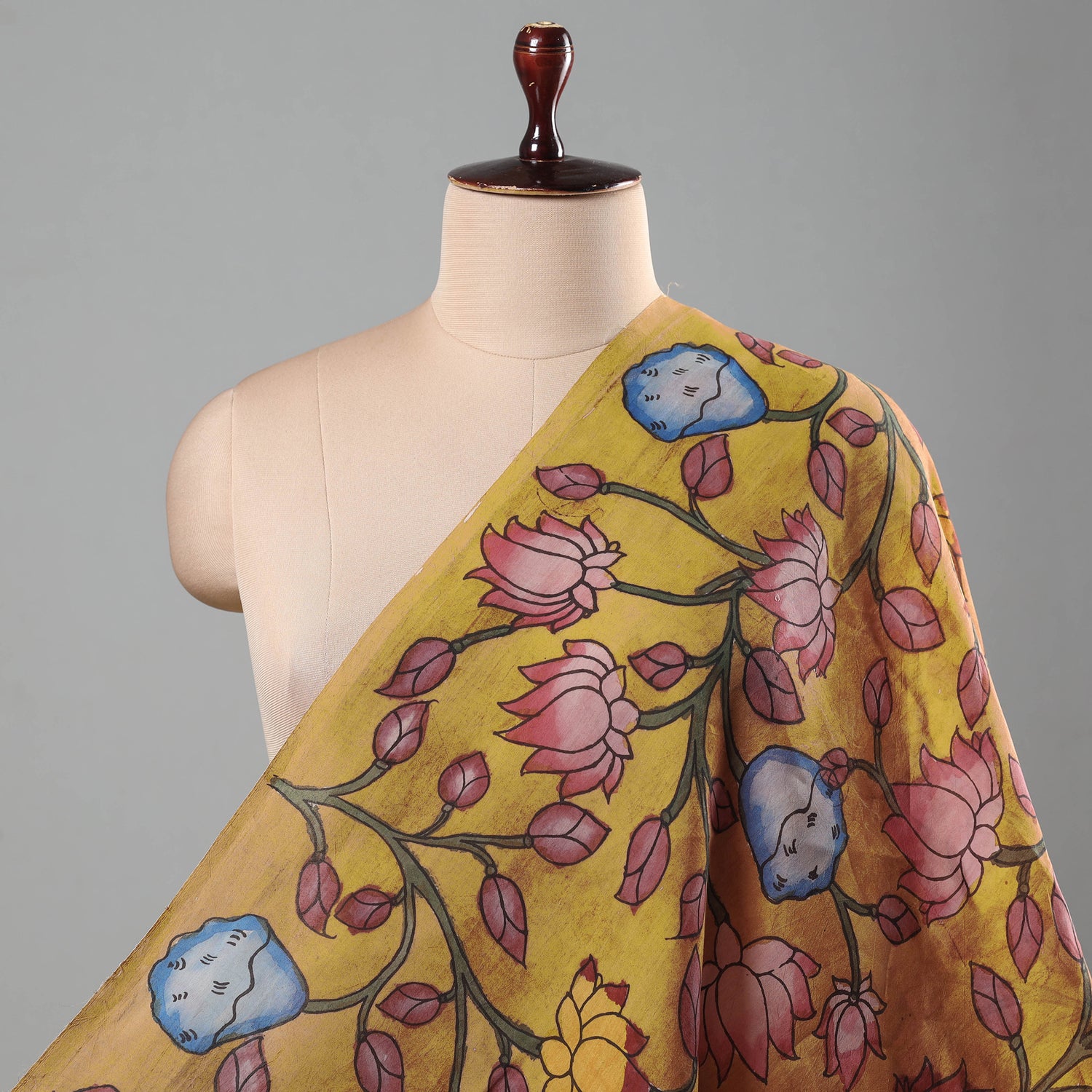 Pink - Natural Dyed Handloom Chanderi Silk Handpainted Srikalahasti Pen Kalamkari 2pc Unstitched Dress Material with Jewellery Set 12
