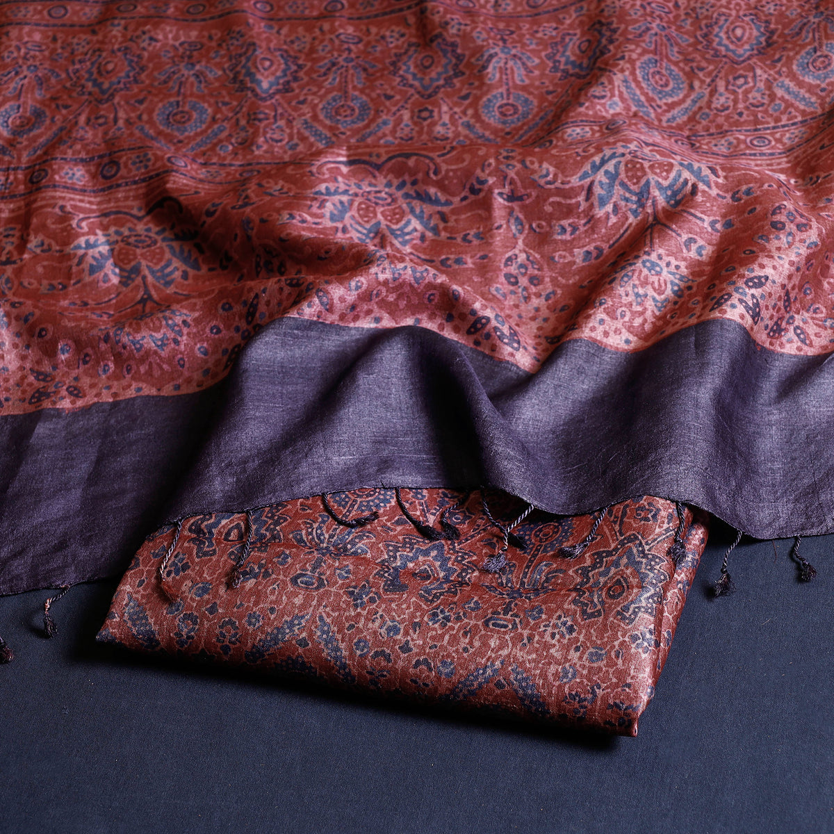 2pc Ajrakh Hand Block Printed Tussar Silk Handloom Material Suit Set