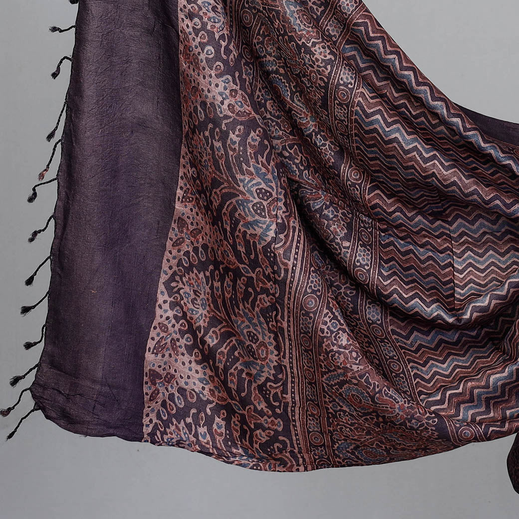 2pc Ajrakh Hand Block Printed Tussar Silk Handloom Material Suit Set