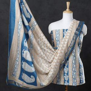3pc Bagh Block Printed Chanderi Silk Suit Material Set With Zari Border Dupatta