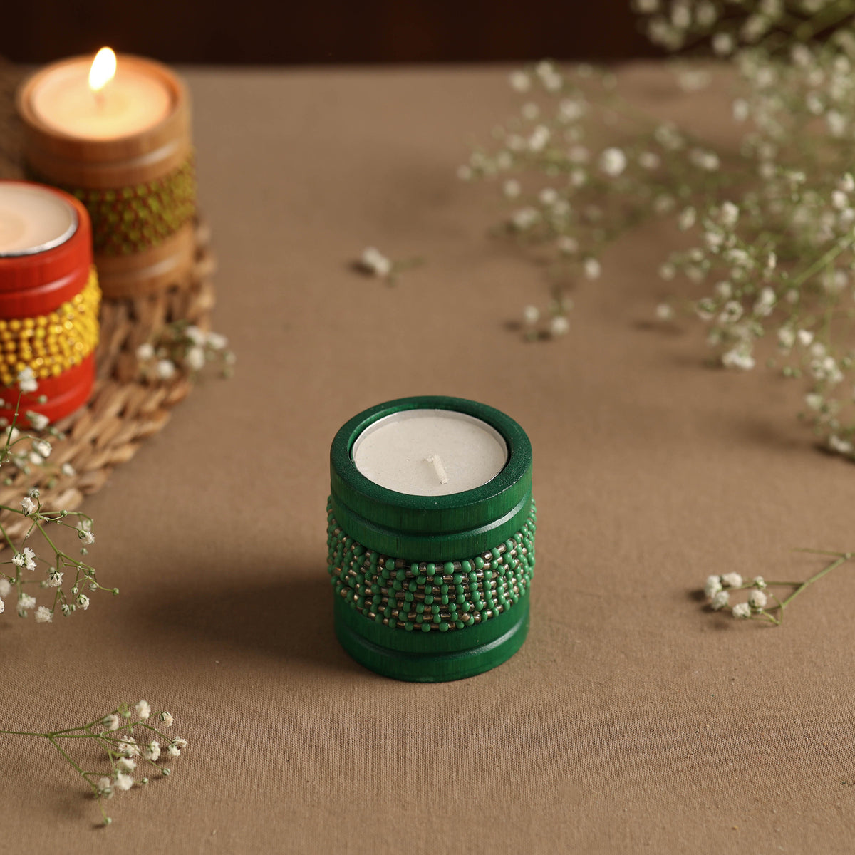 Handmade Bead Work Natural Bamboo Tealight Candle Holder