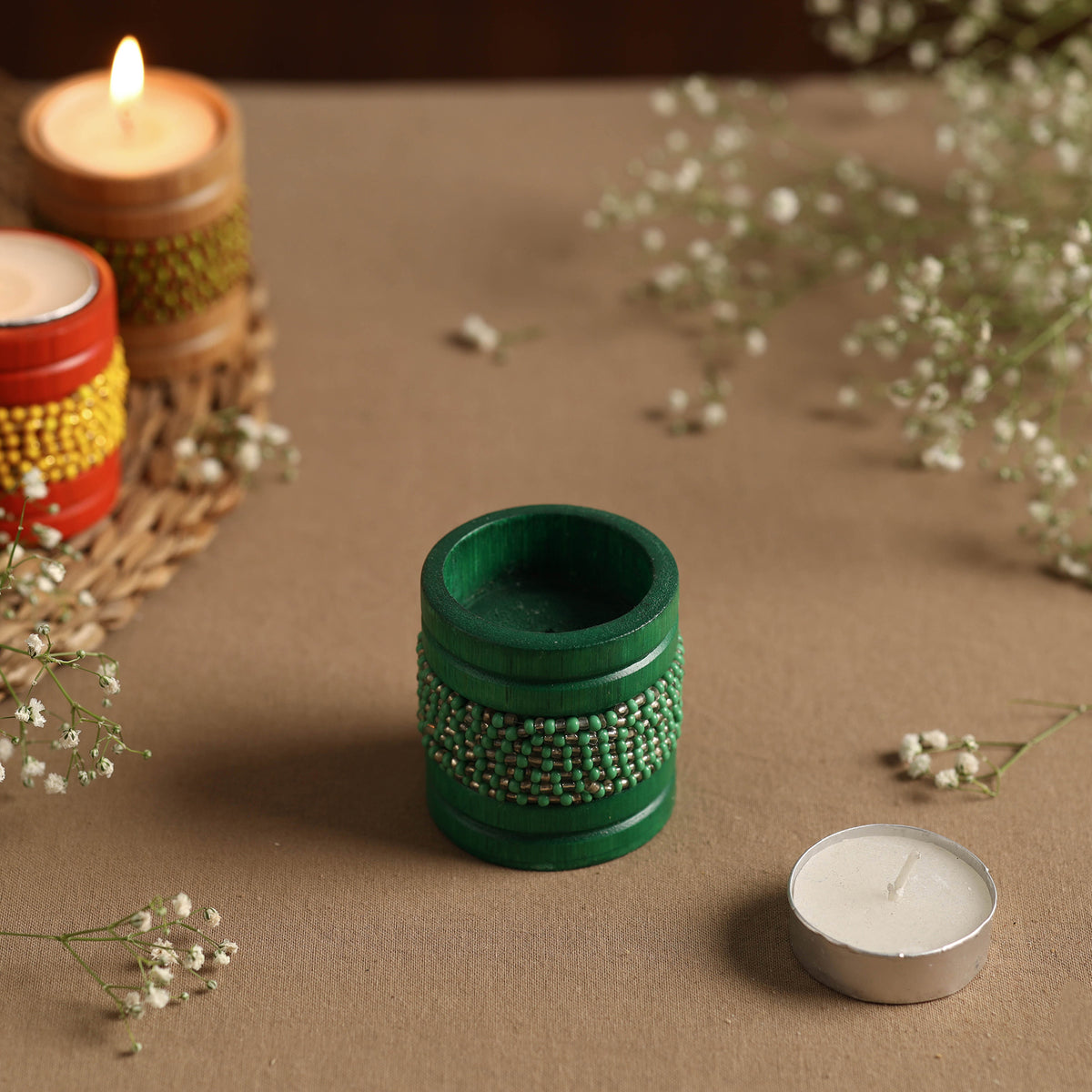 Handmade Bead Work Natural Bamboo Tealight Candle Holder