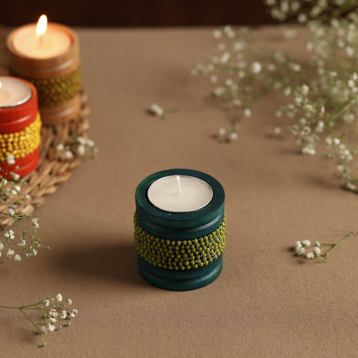 Handmade Bead Work Natural Bamboo Tealight Candle Holder
