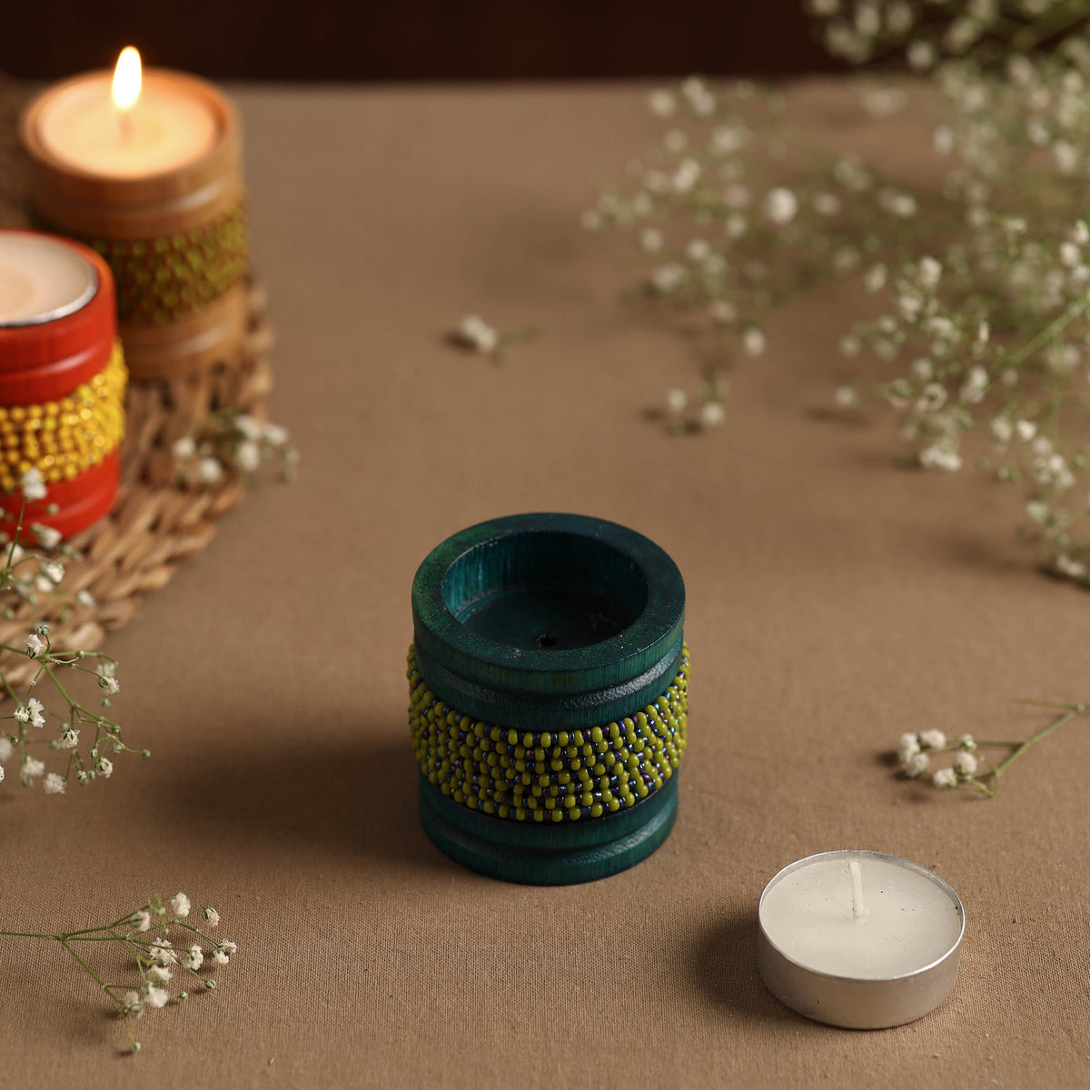 Handmade Bead Work Natural Bamboo Tealight Candle Holder